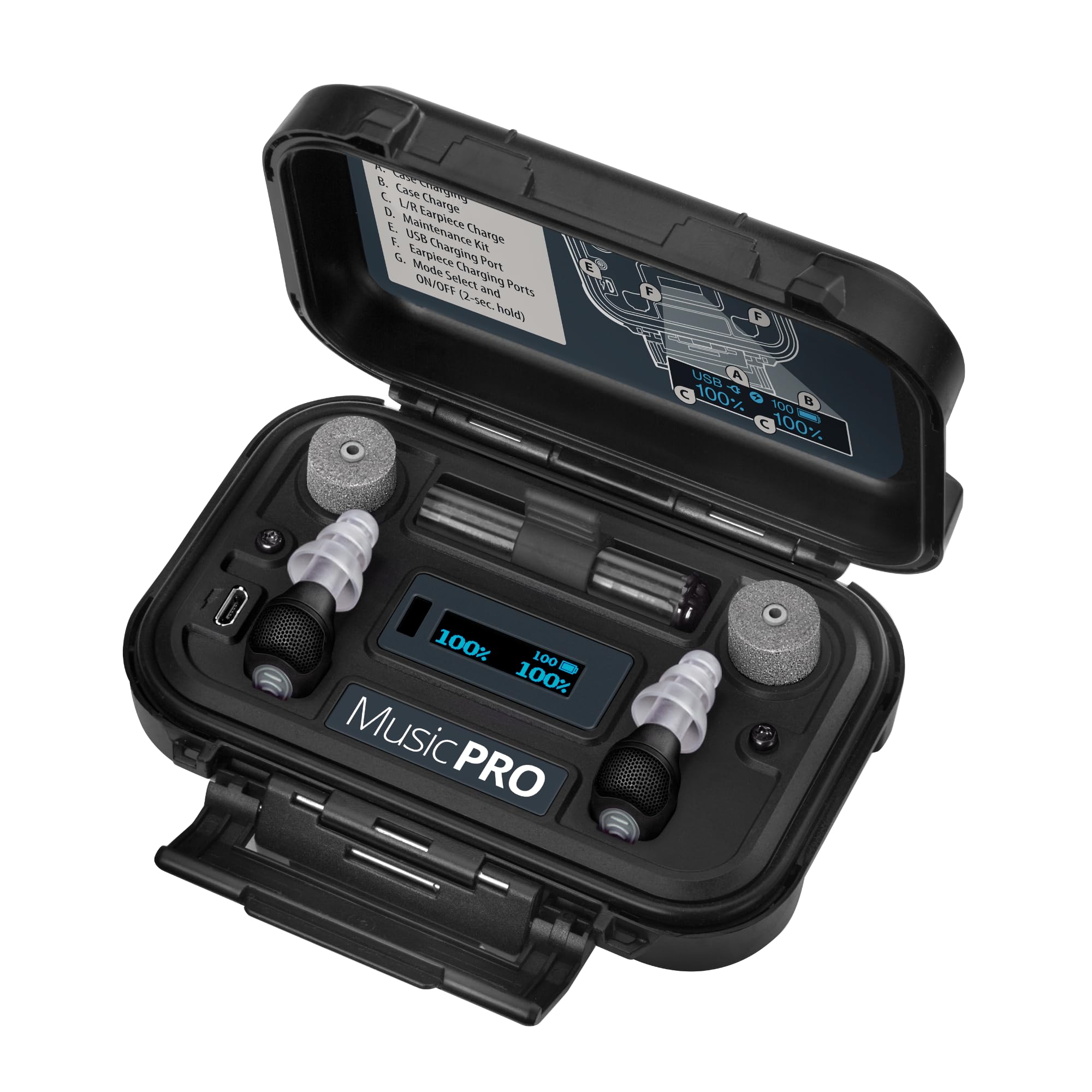 Etymotic MusicPro Elite con tapones en estuche para carga en movimiento