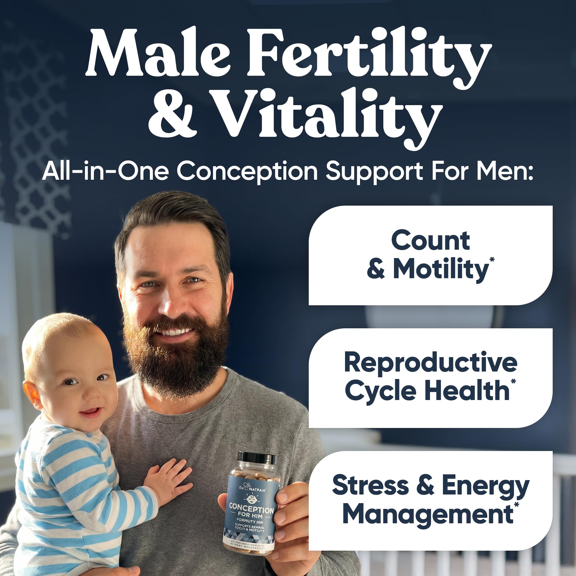 Eu Natural Conception for Him capsules close-up for easy daily intake.