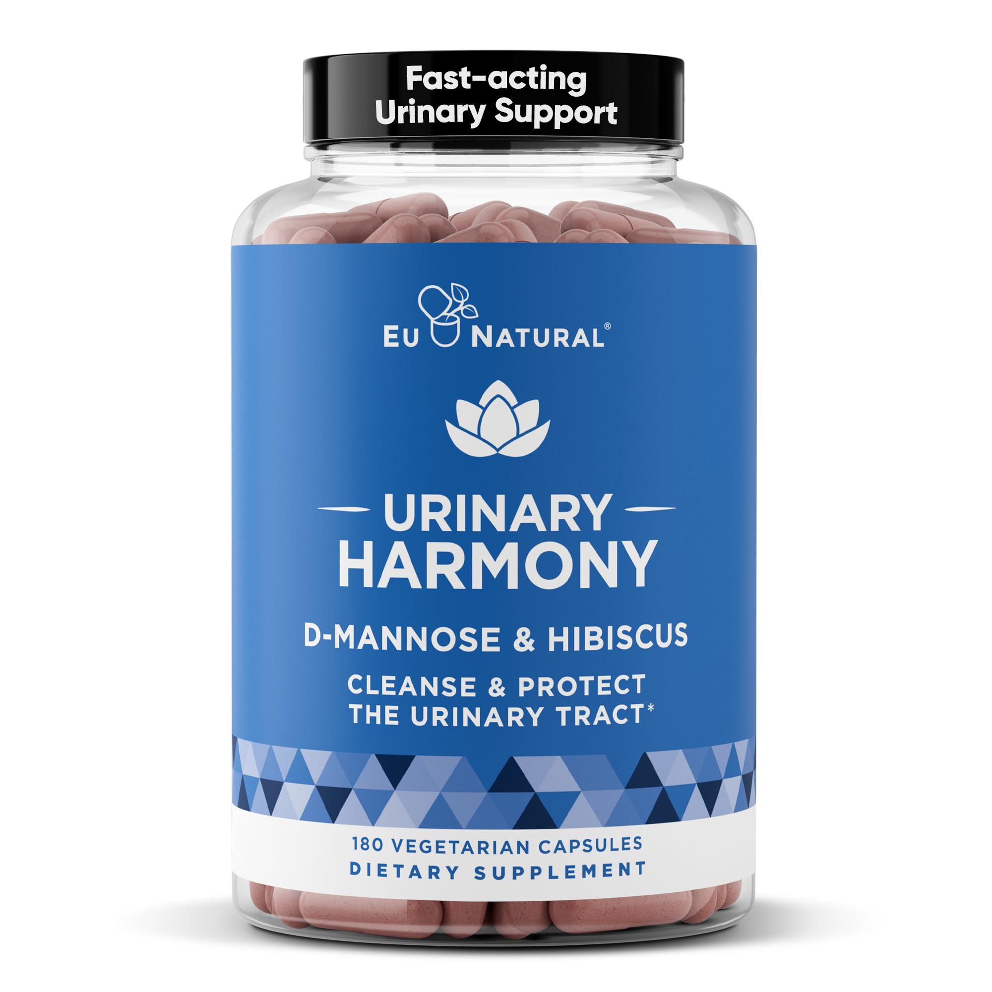 Eu Natural Urinary Harmony, botella vertida, muestra dosis de D-Mannosa para apoyo urinario.