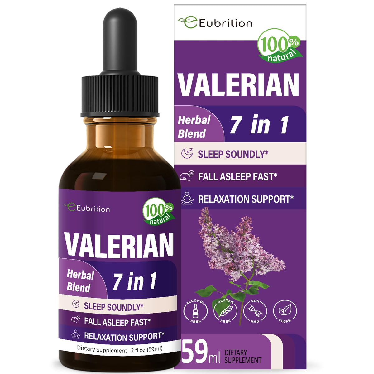 Gotas Eubrition Valeriana en botella de vidrio para apoyar un sueño más relajado.