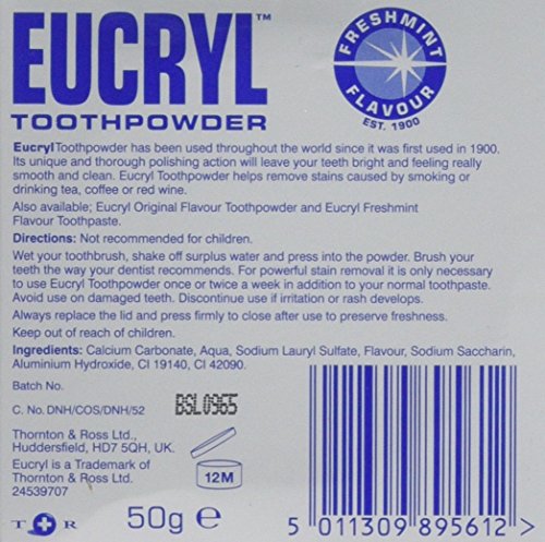 Eucryl menta fresca contenido de 50 g para cuidado bucal diario.