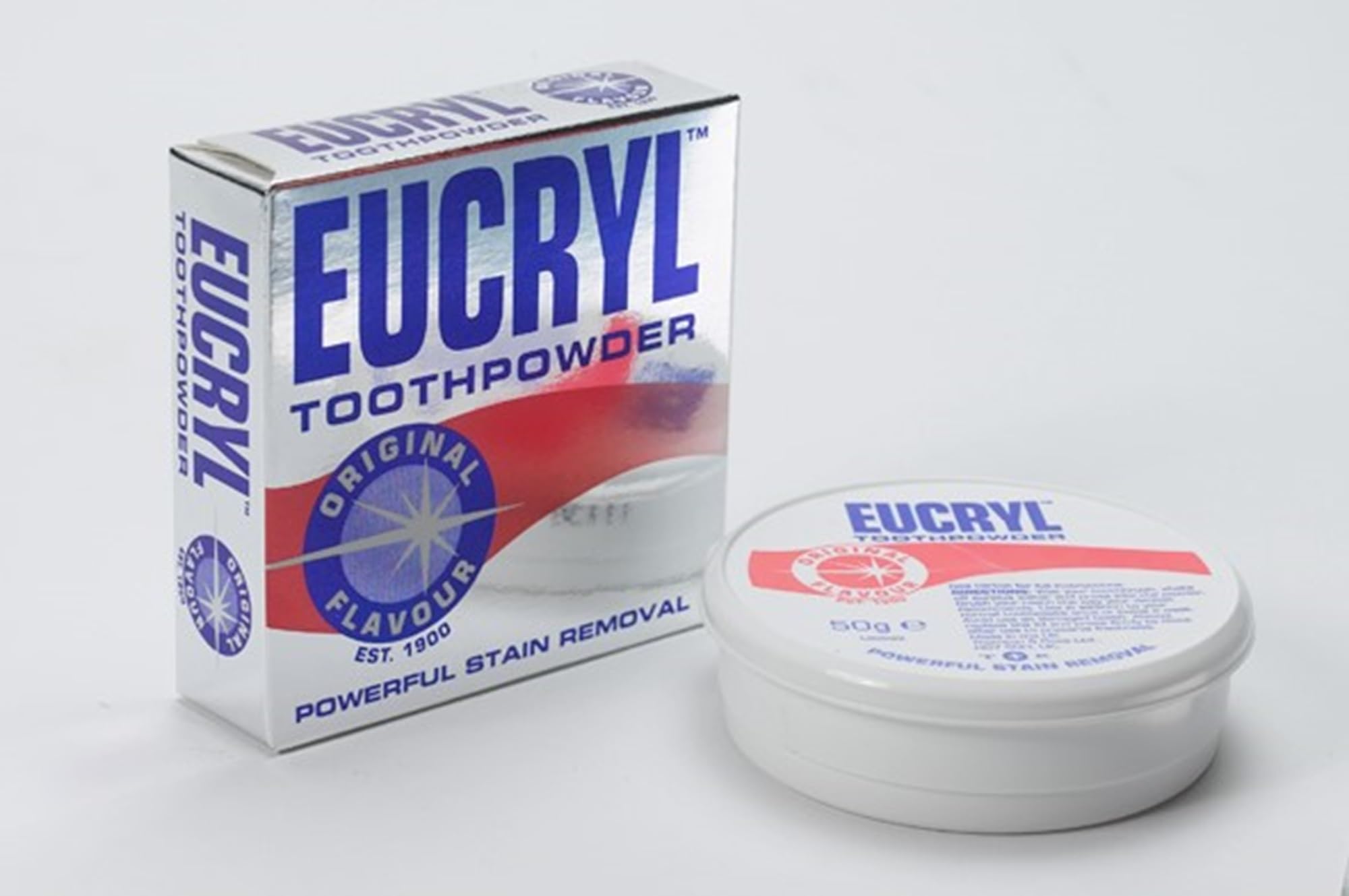 Cuchara medidora de Eucryl Polvo Dental Original para dosis precisa.