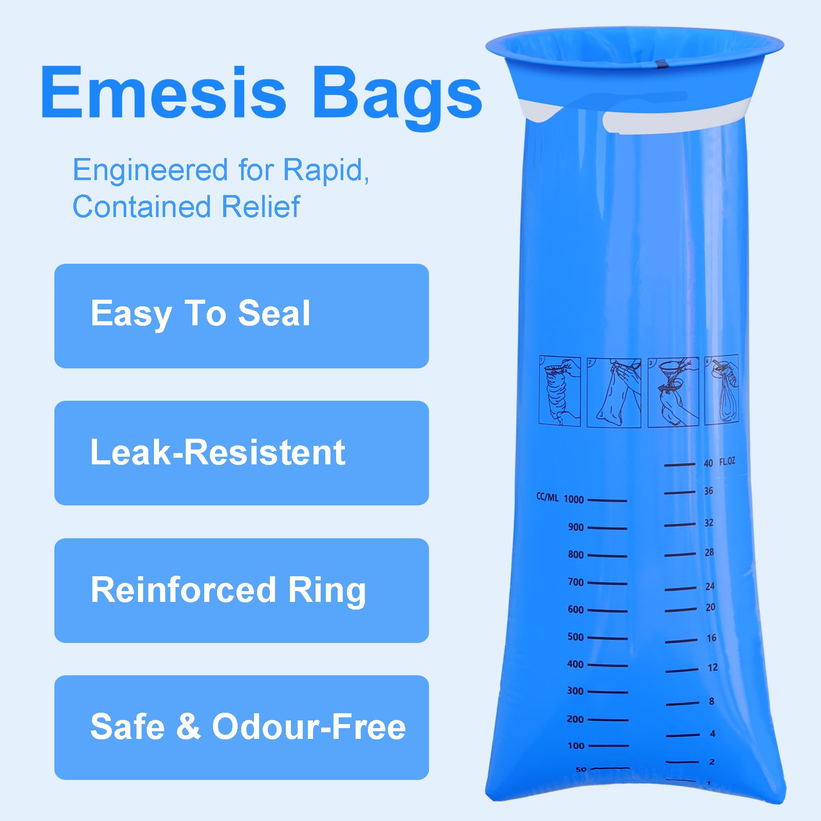 EUKESTON bolsas vomito empacadas individualmente para uso rápido.