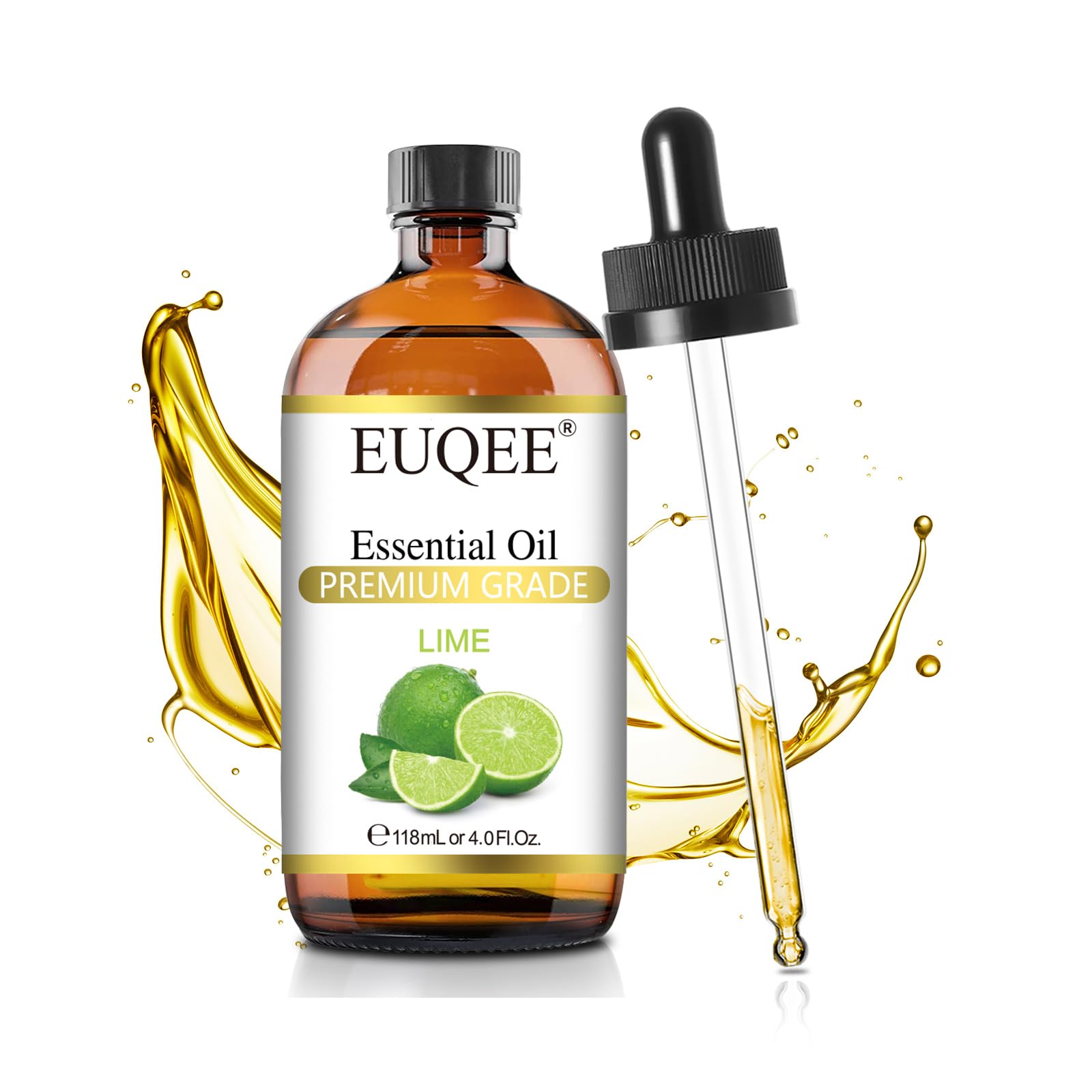 EUQEE aceite esencial de lima en frasco ambar protege la pureza y aroma.