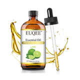 EUQEE aceite esencial de lima en frasco ambar protege la pureza y aroma.