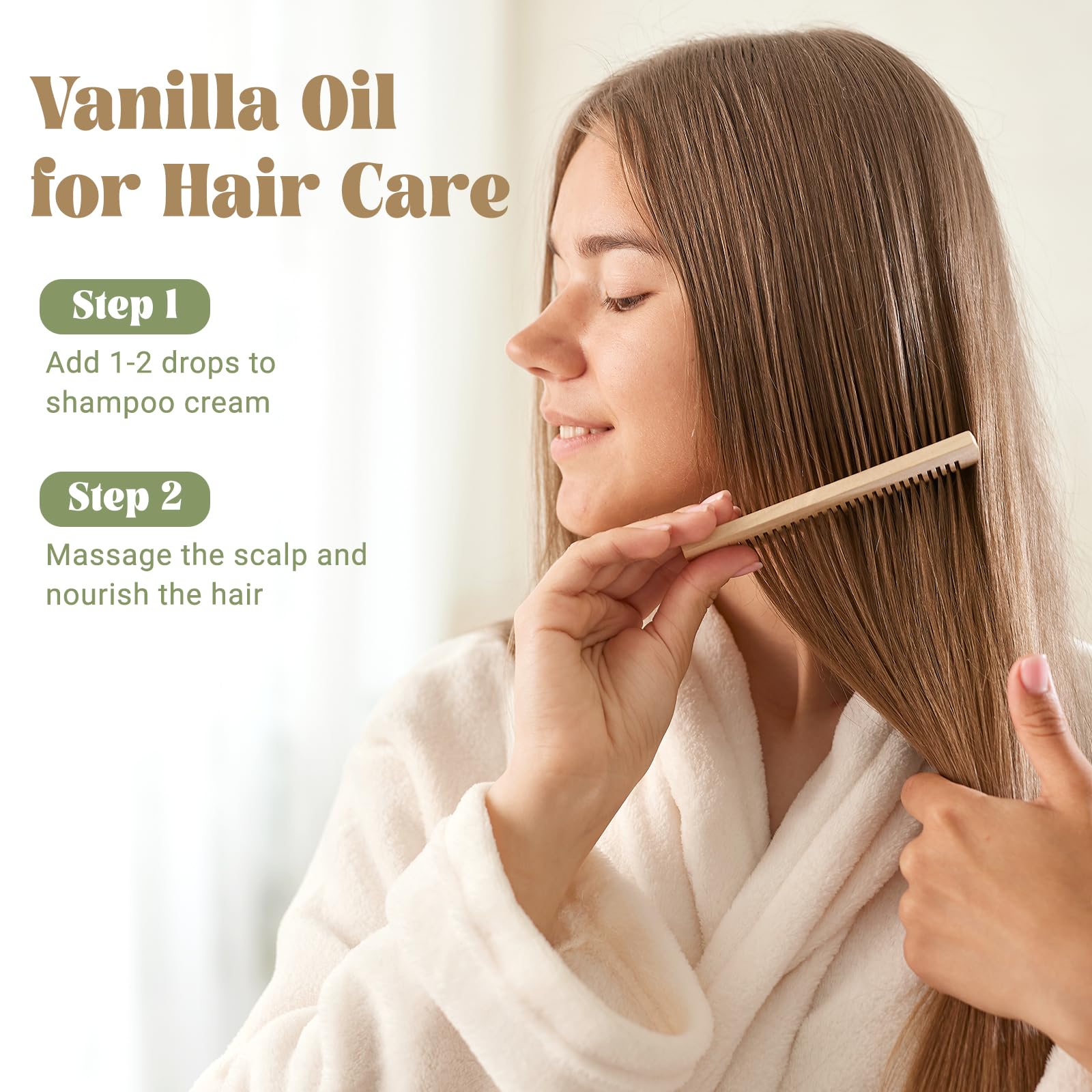 EUQEE aceite de vainilla para cabello, aroma suave en tratamientos capilares.