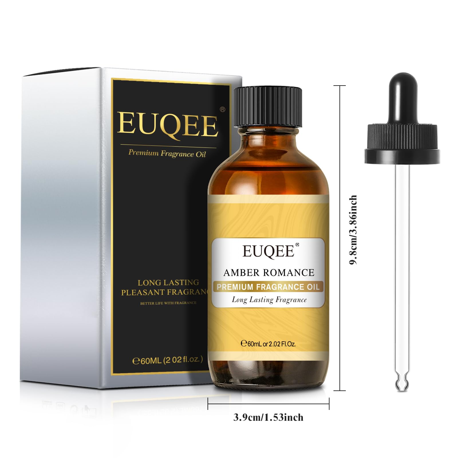 EUQEE Amber Romance, etiqueta clara con información de uso seguro
