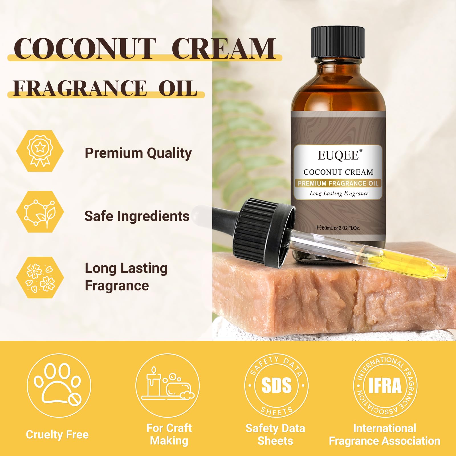 EUQEE Coco Crema: frasco de vidrio ámbar para proteger la fragancia de la luz.