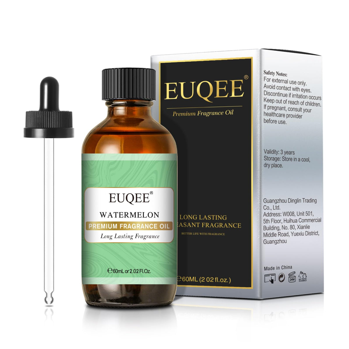 EUQEE fragancia sandía en botella de vidrio ámbar para aroma duradero.