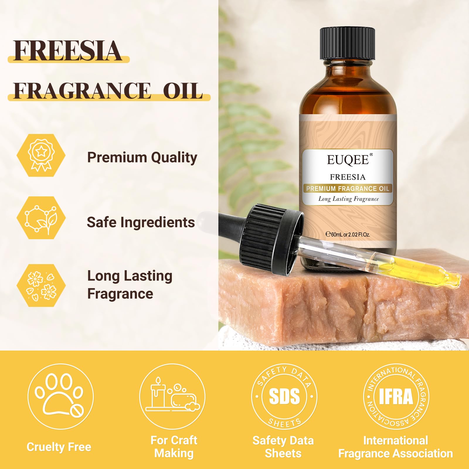 EUQEE Freesia Fragrance Oil, gotero para dosificar fragancia con precisión.