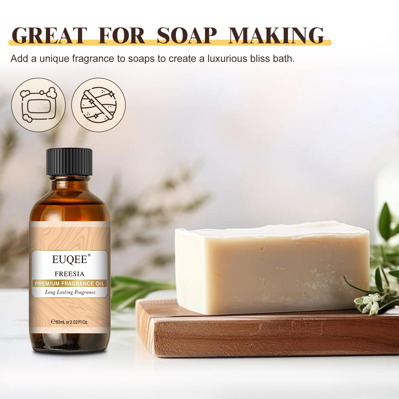 EUQEE Freesia Fragrance Oil, jabón artesanal perfumado con aroma suave.