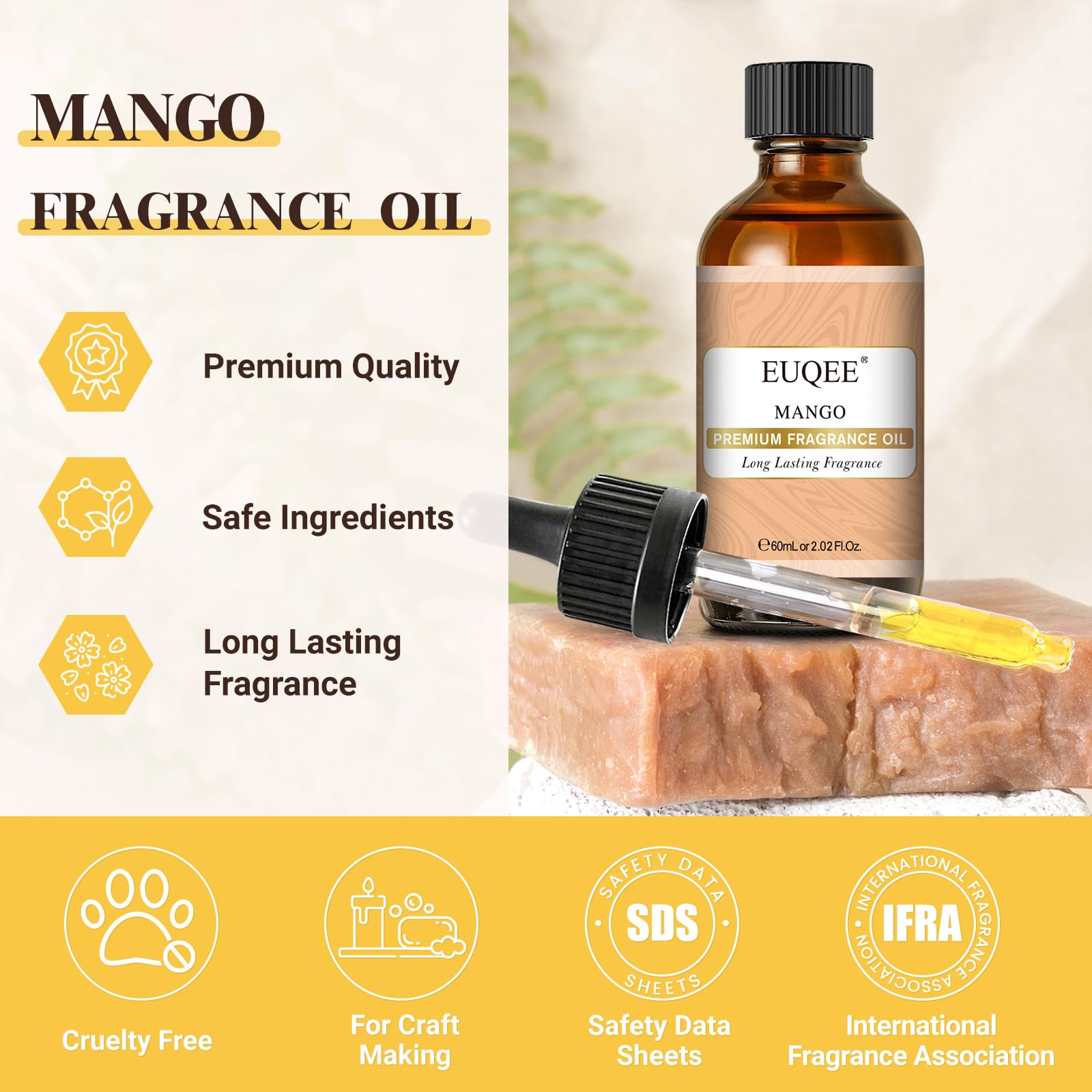 EUQEE Mango fragancia con gotero, dosificación precisa para jabones caseros.