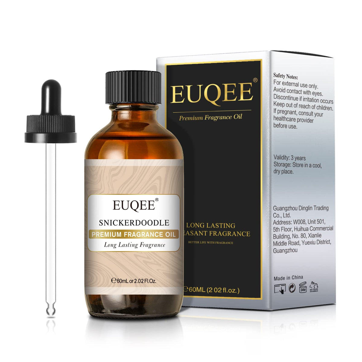 EUQEE Snickerdoodle: botella ámbar protege la fragancia para uso prolongado.