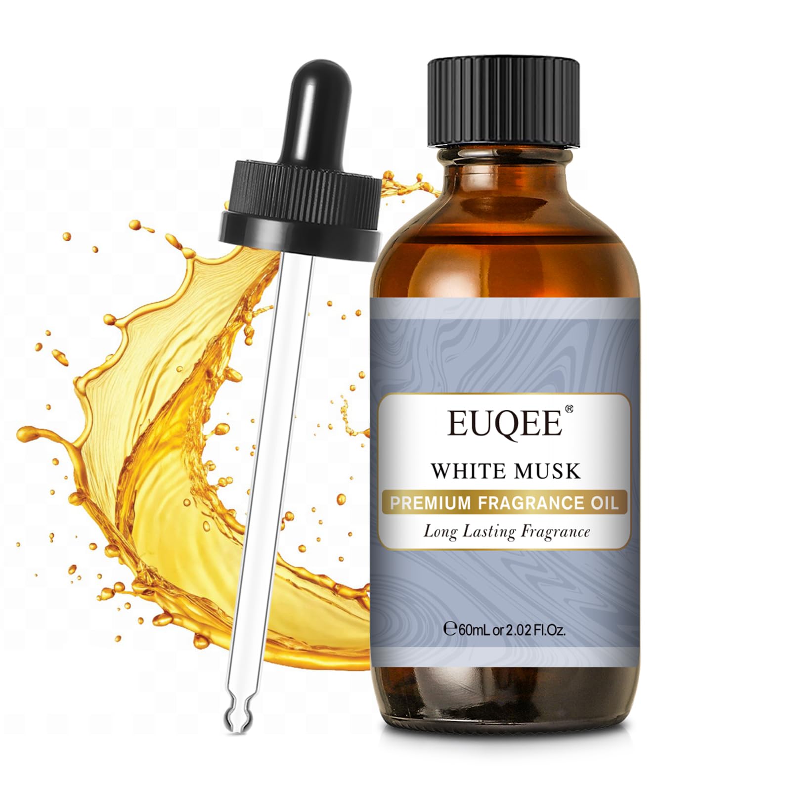 EUQEE White Musk: frasco de vidrio ámbar que protege la fragancia y evita la exposición.