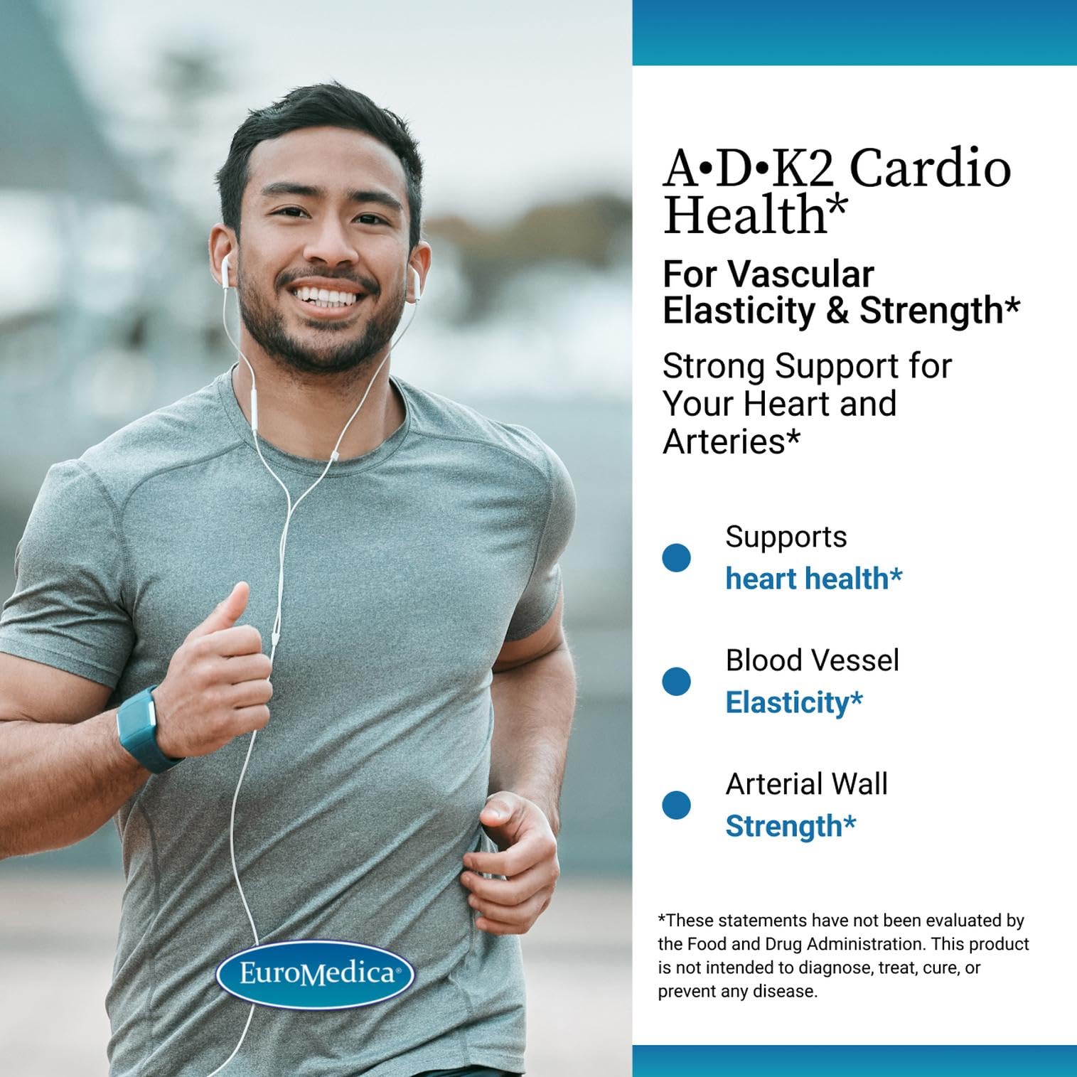 Cápsulas blandas de EuroMedica A•D•K2 Cardio Health listas para uso diario.