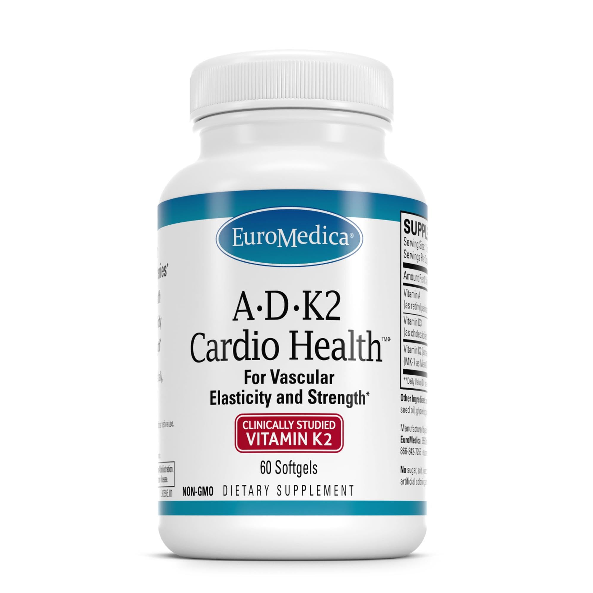 EuroMedica A•D•K2 Cardio Health: botella con cápsulas suaves para apoyar la salud cardíaca.