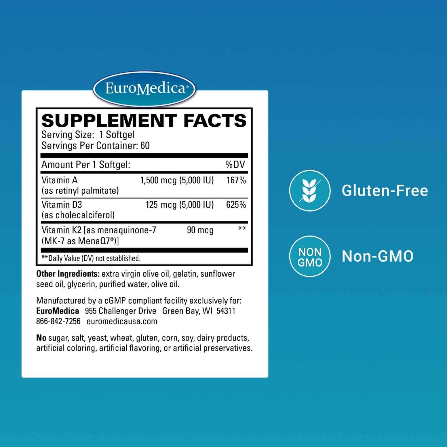 EuroMedica A•D•K2 Cardio Health: etiqueta con información de vitaminas A, D3 y K2 para referencia.