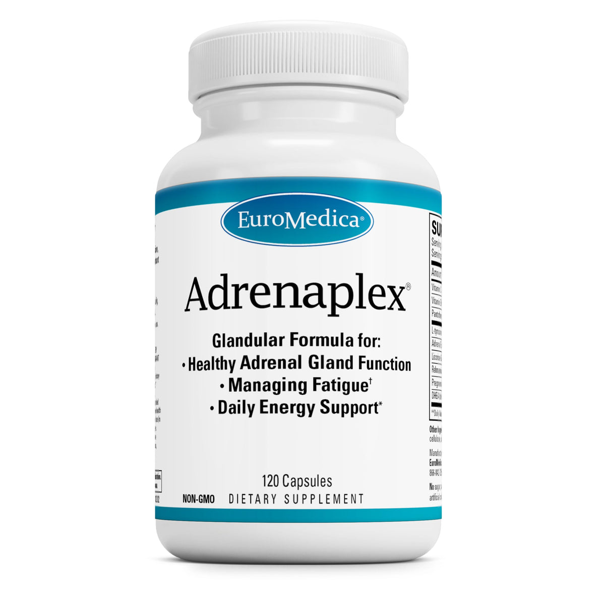 EuroMedica Adrenaplex, botella de cápsulas para apoyo adrenal.