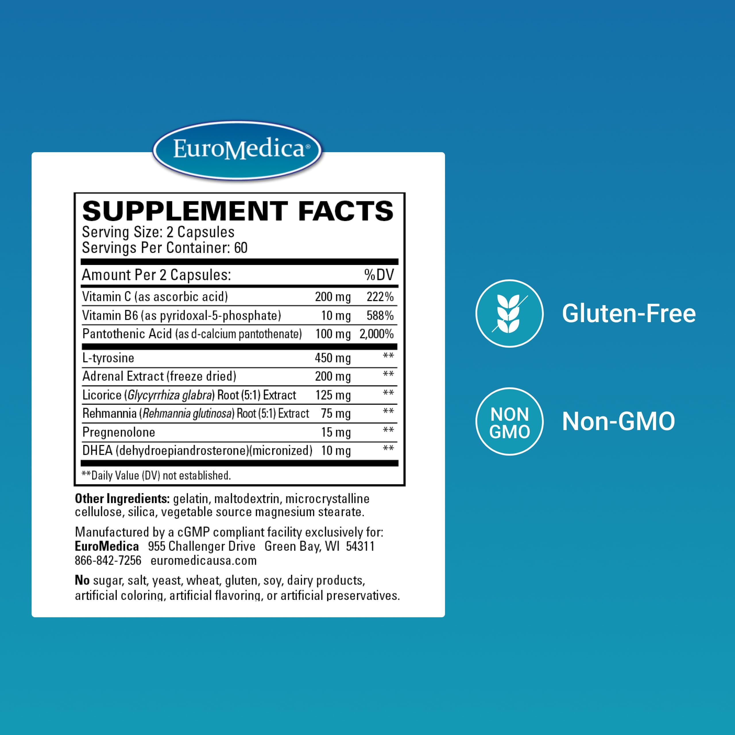 Etiqueta clara de EuroMedica Adrenaplex destacando ingredientes clave.