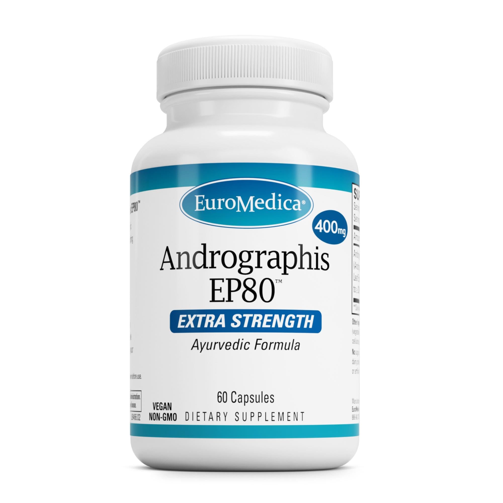 EuroMedica Andrographis EP80: botella con cápsulas veganas para uso diario