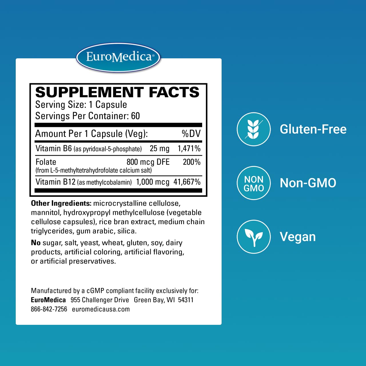 EuroMedica Bio-B Caps etiqueta evidencia vitaminas B para absorción óptima.
