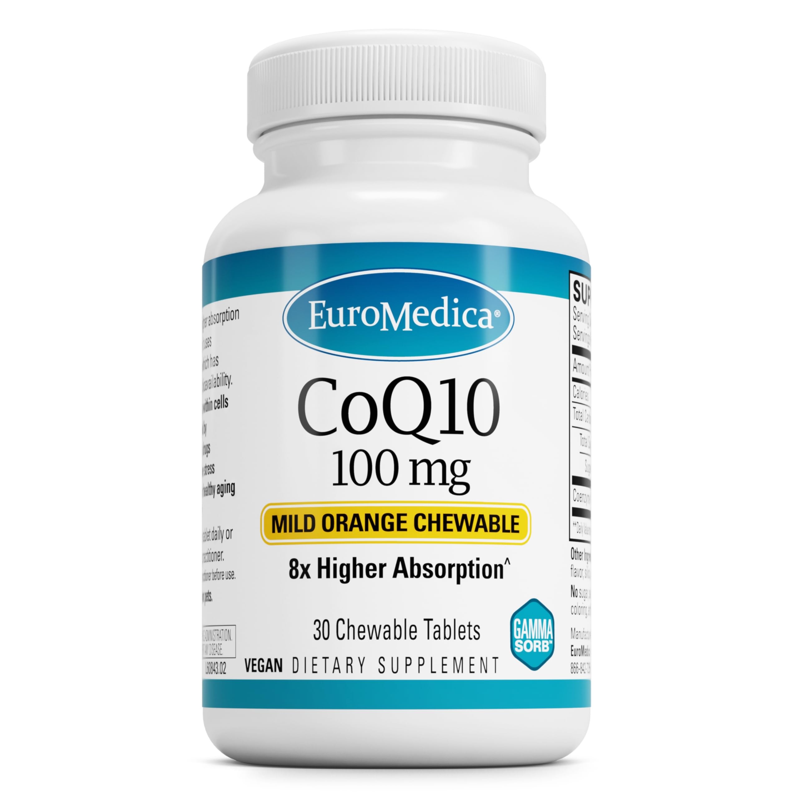 Envase frontal de EuroMedica CoQ10 100 mg para energía celular.