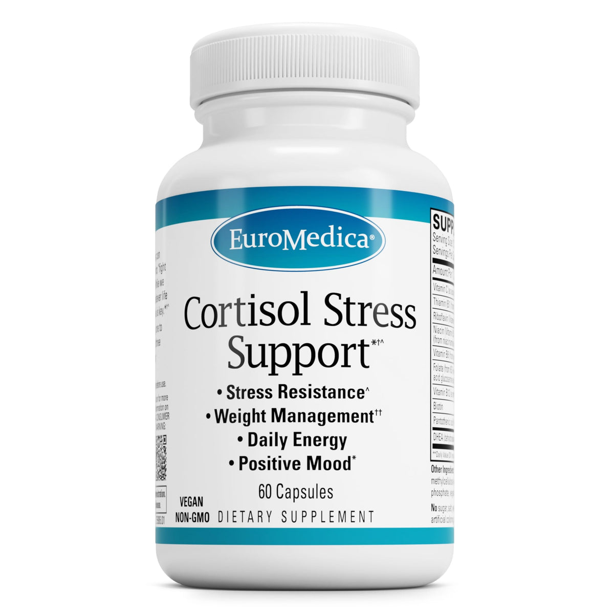 EuroMedica Cortisol Stress Support botella con cápsulas para energía diaria