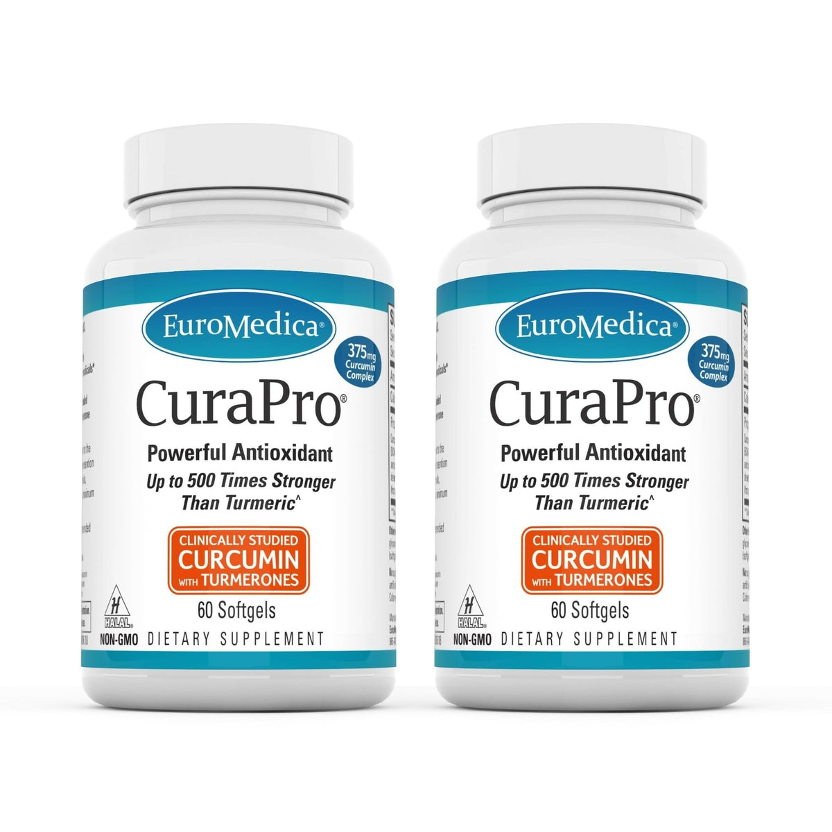 EuroMedica CuraPro botella de cápsulas 375 mg para apoyo diario de la salud.