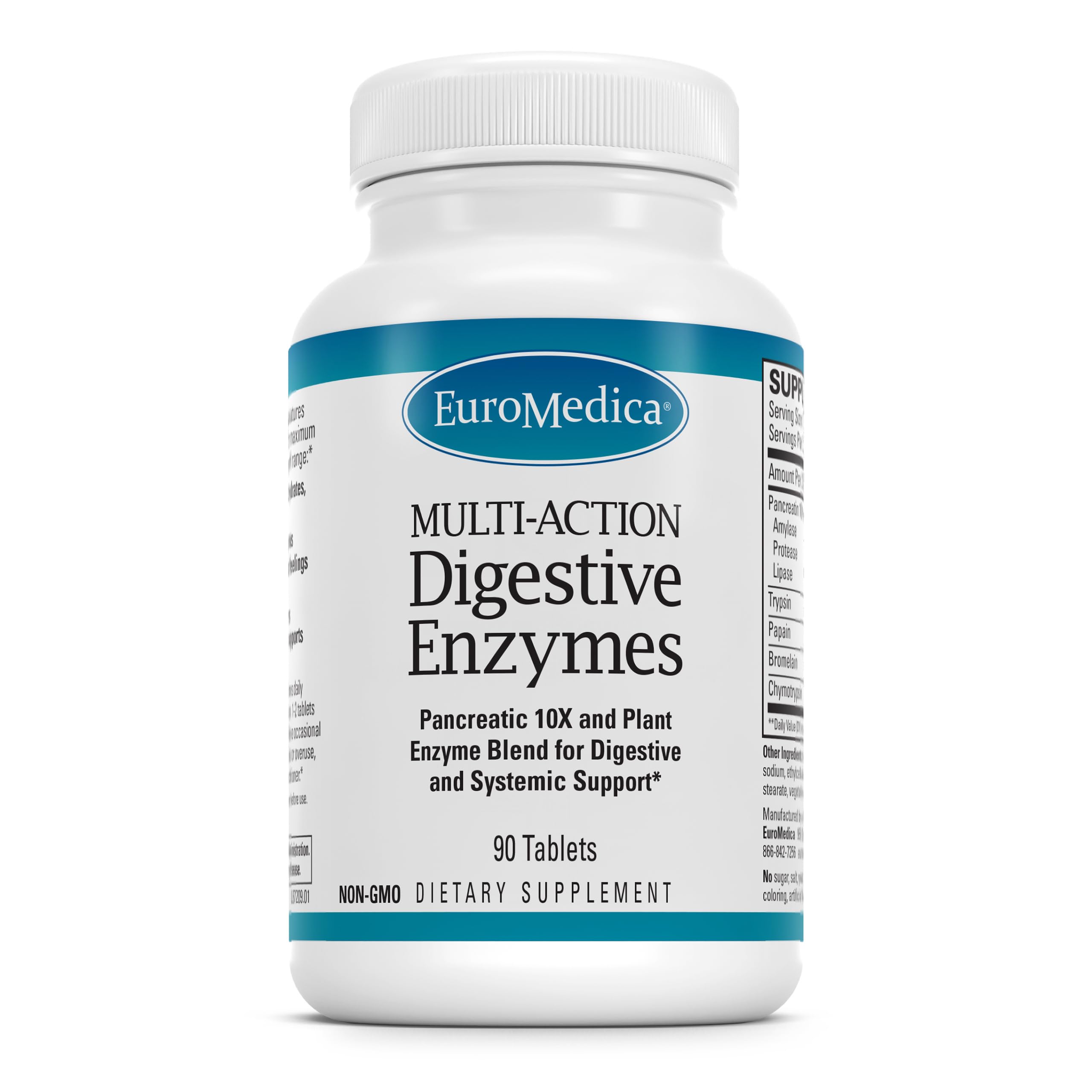 EuroMedica Digestive Enzymes: botella que muestra confort digestivo y apoyo a la digestión.