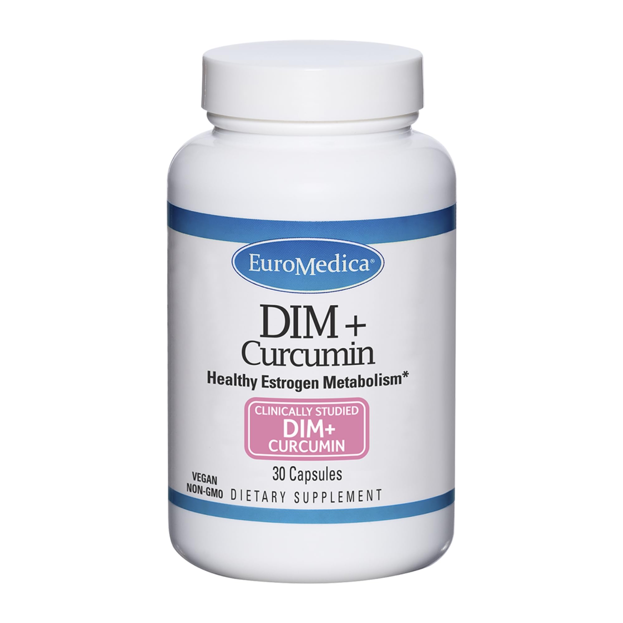 EuroMedica DIM + Curcumina: cápsulas en botella para soporte del equilibrio hormonal