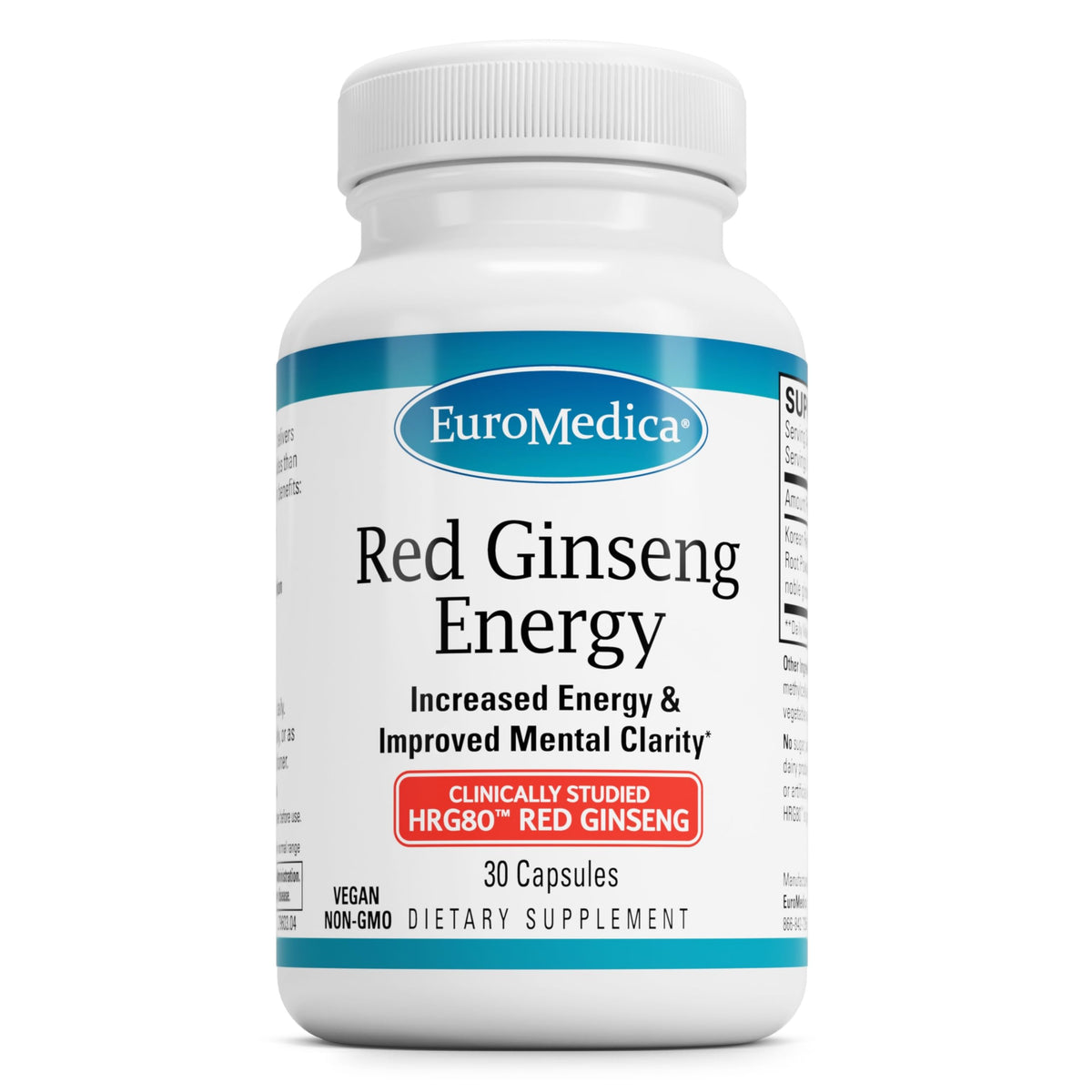 EuroMedica ginseng rojo energía: botella mostrando el envase para apoyo de energía diaria.