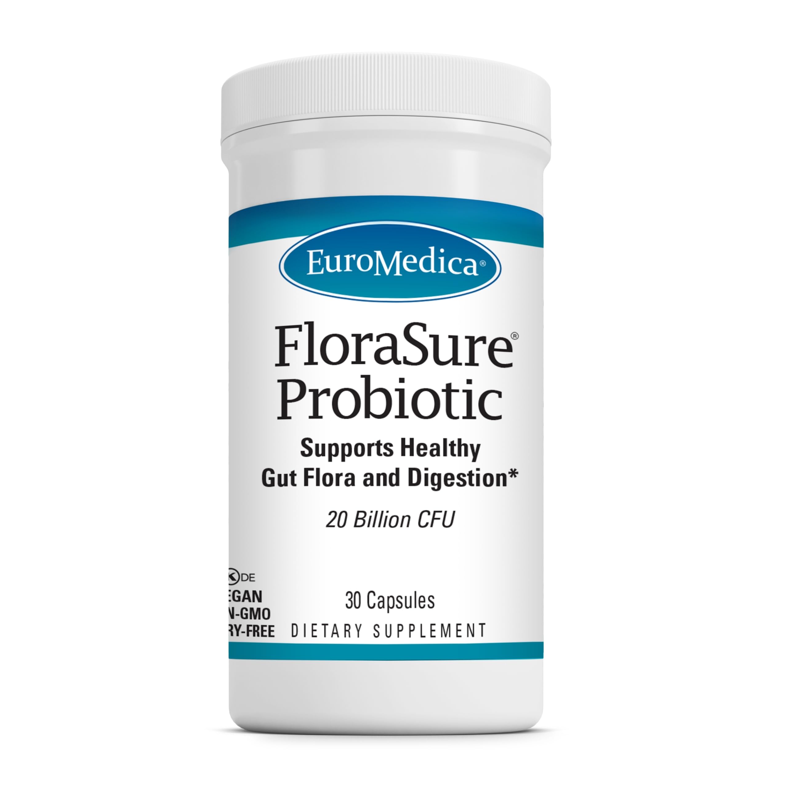 EuroMedica FloraSure Probiotic: bote de cápsulas para apoyo digestivo y bienestar intestinal.