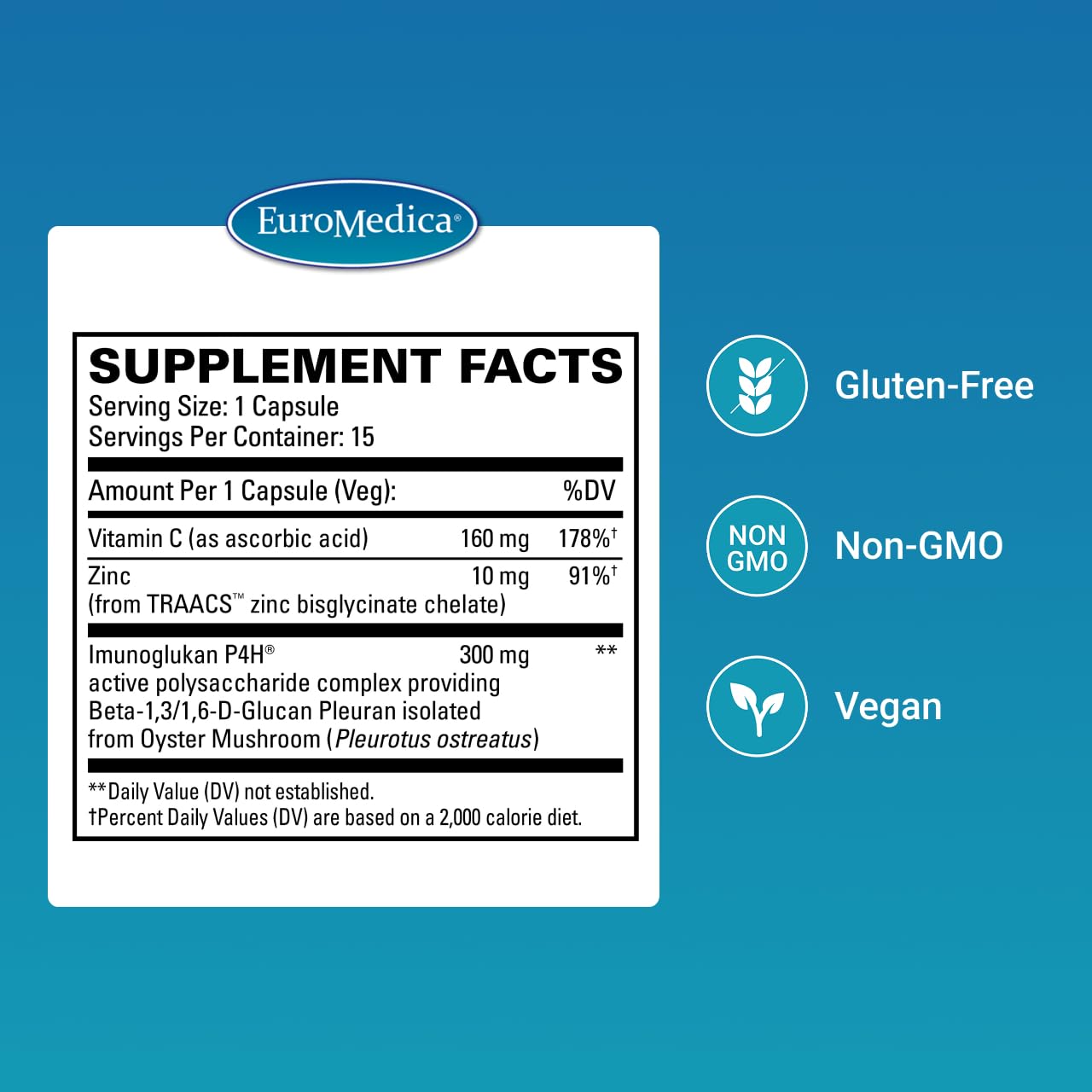Etiqueta frontal de EuroMedica ImunoPleuran con datos de Vitamina C y Zinc