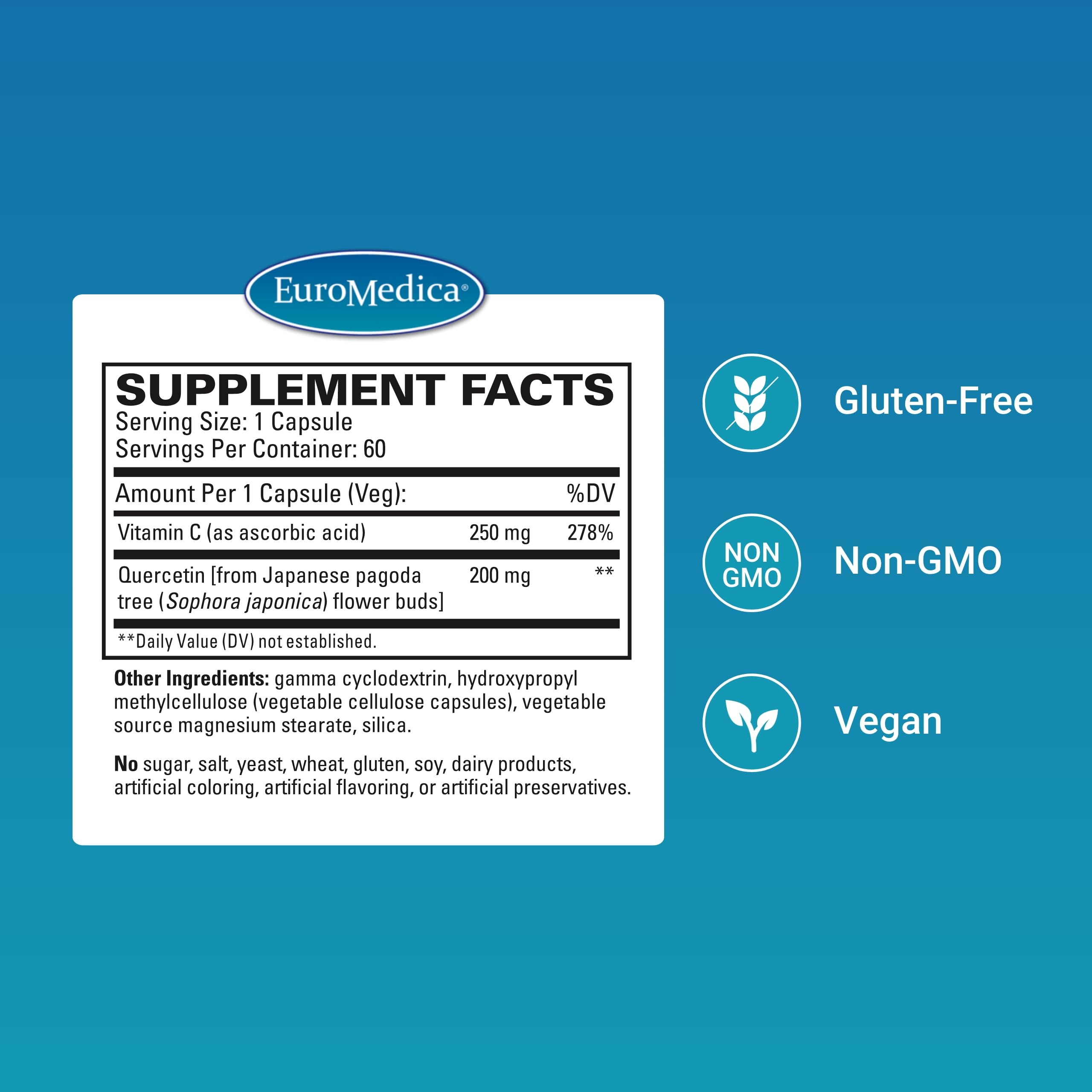 EuroMedica Quercetin Plus Vitamina C: etiqueta legible con ingredientes clave