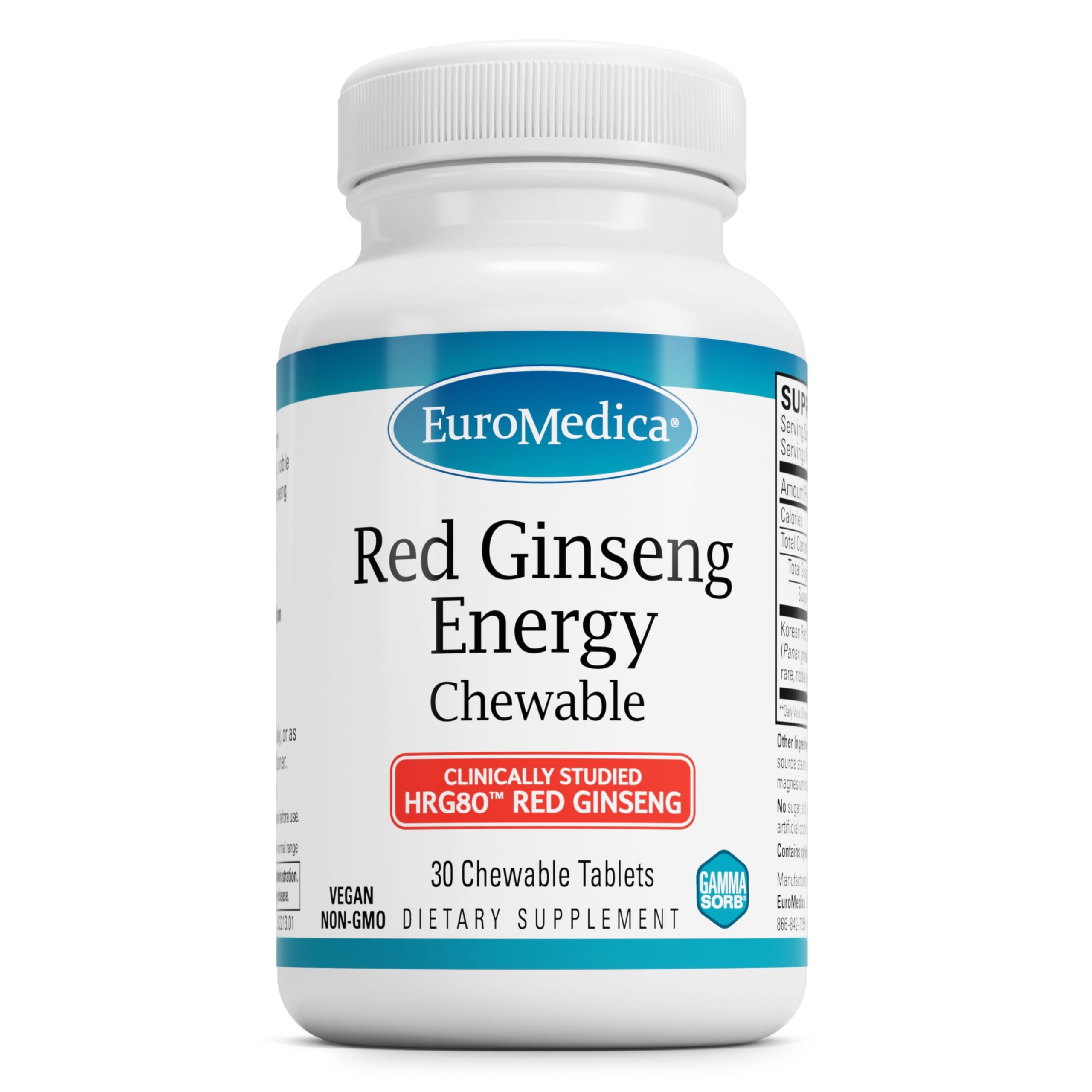 EuroMedica Red Ginseng Energy, bote de tabletas masticables para energía sostenida.