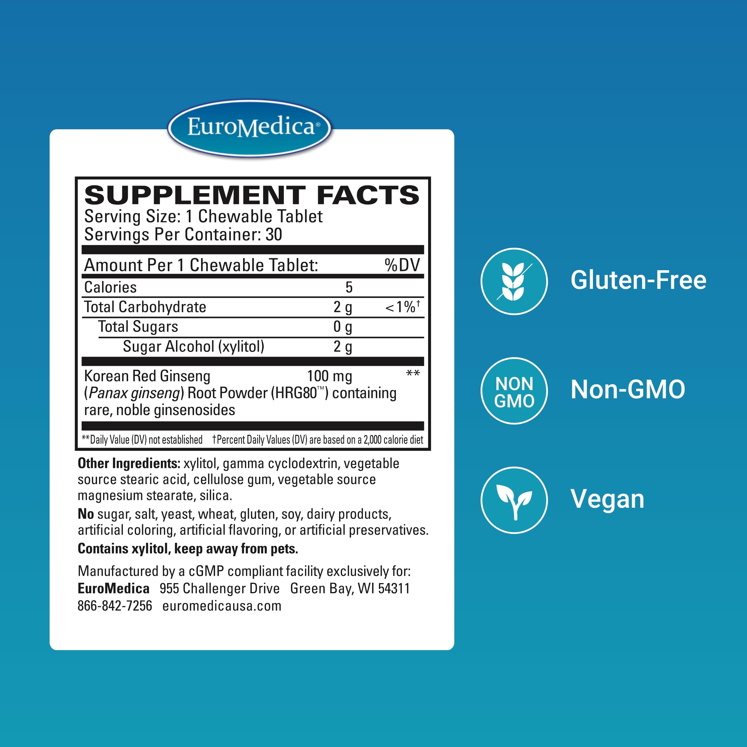 EuroMedica Red Ginseng Energy, tabletas masticables para enfoque diario.