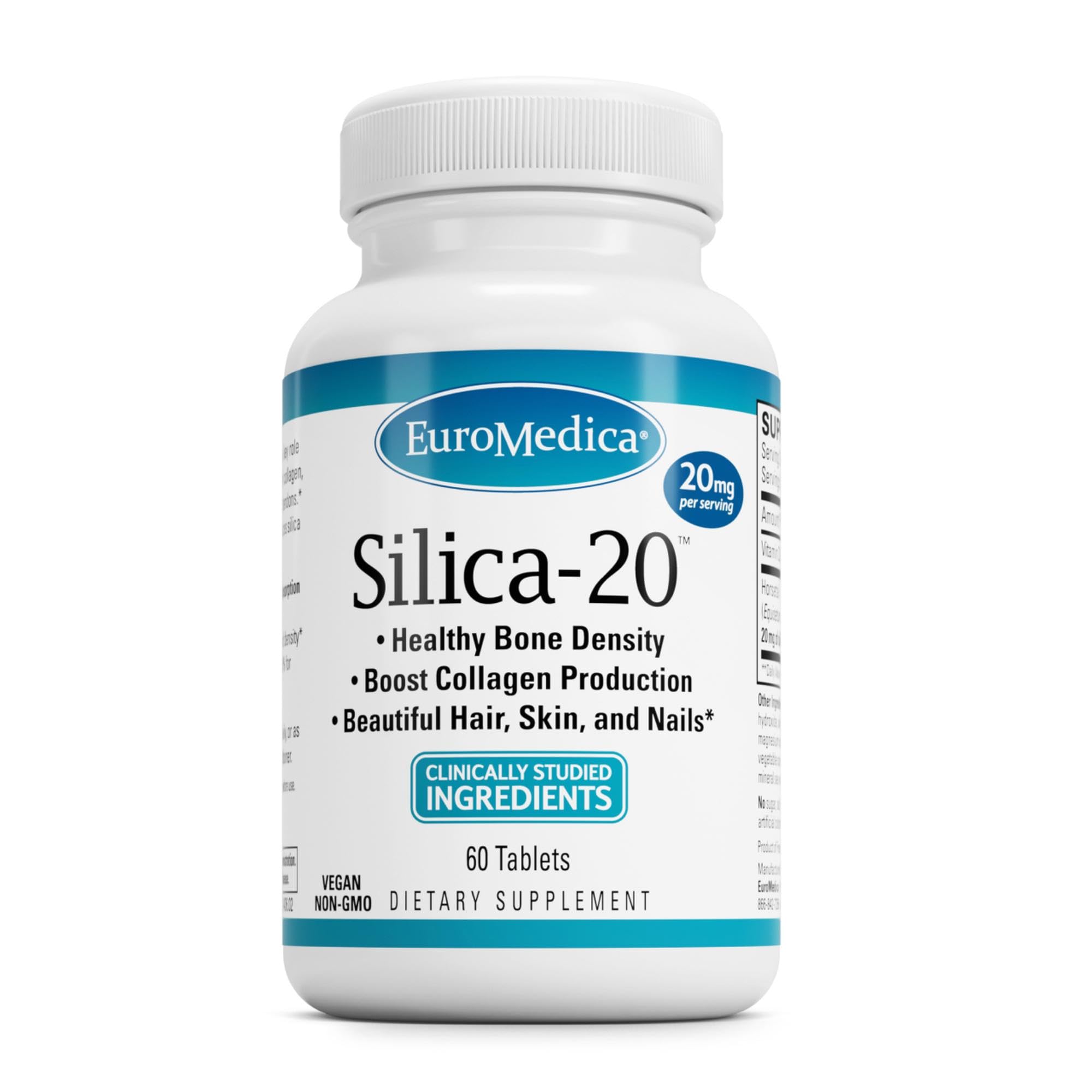 EuroMedica Silica-20 envase de tabletas para uso diario y apoyo óseo