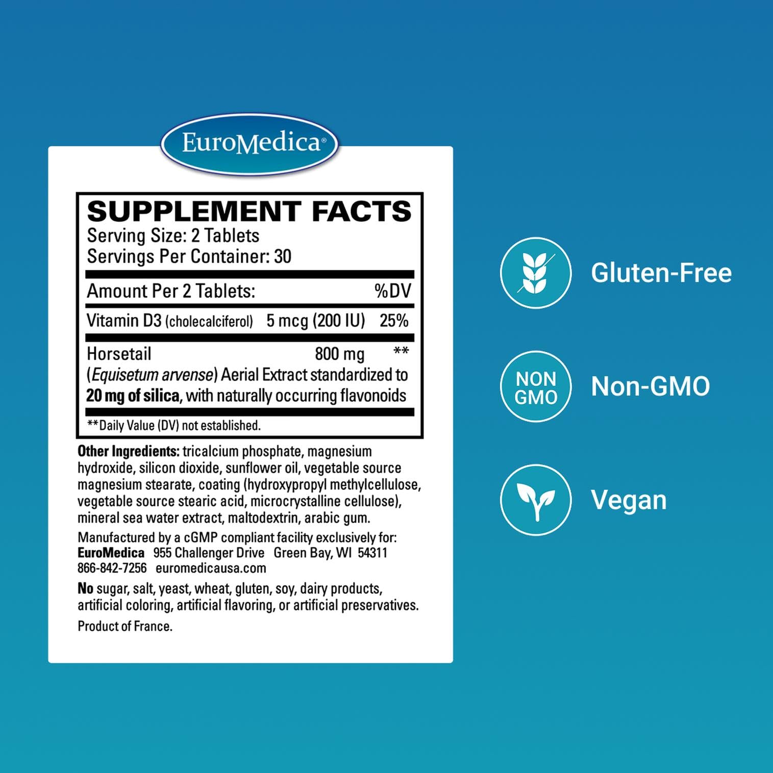 EuroMedica Silica-20 etiqueta con información de ingredientes y beneficios para huesos y piel