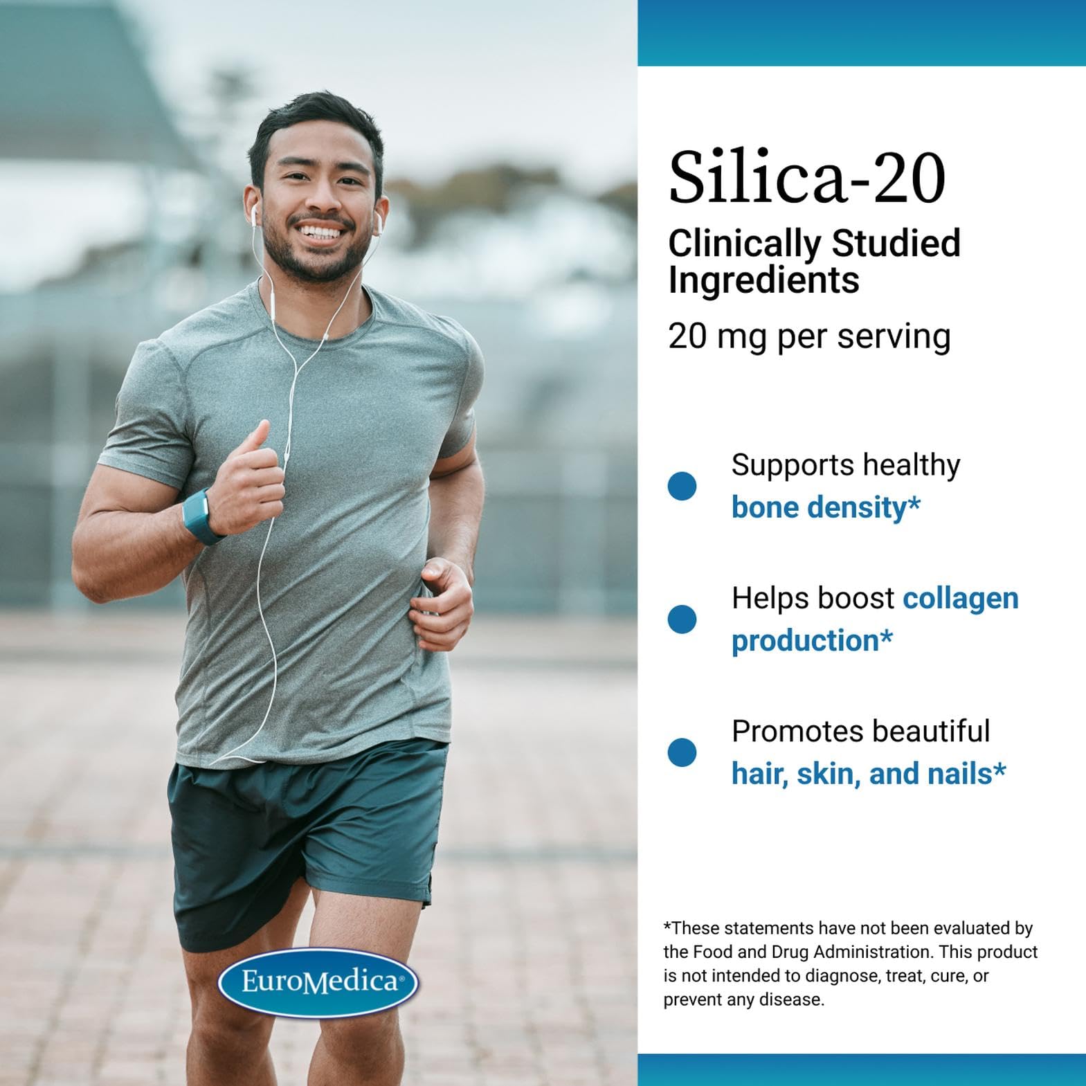 Primer plano de tabletas EuroMedica Silica-20 destacando su textura y posible apoyo al colágeno