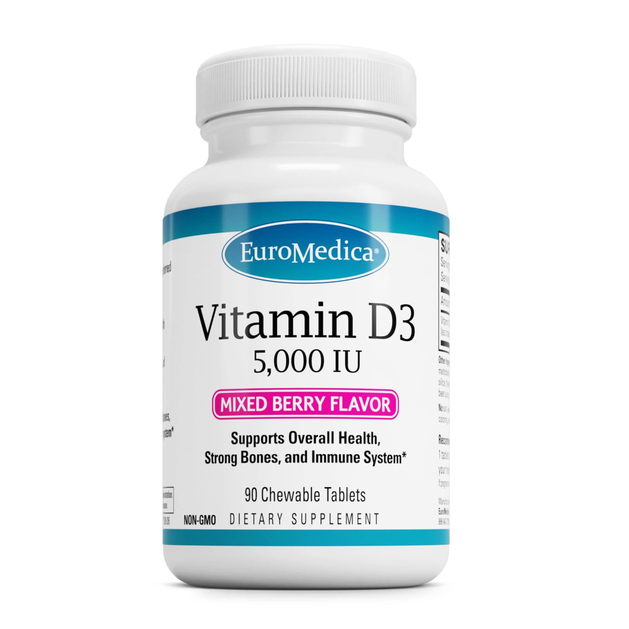 EuroMedica vitamina D3 tableta sabor frambuesa mixta para apoyo óseo posible.