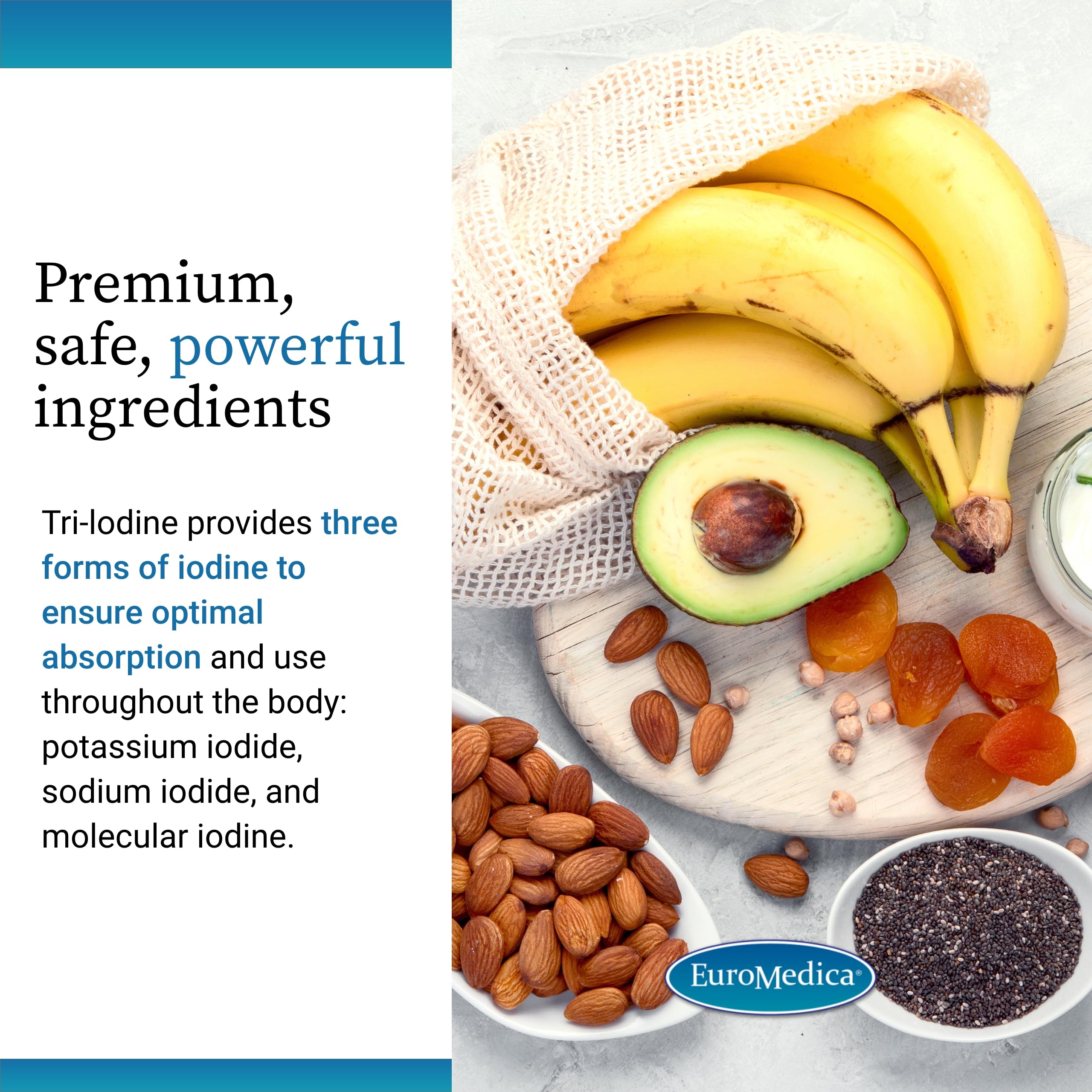 EuroMedica Tri-Iodine: composición de yoduro para apoyo a la salud tiroidea diaria.