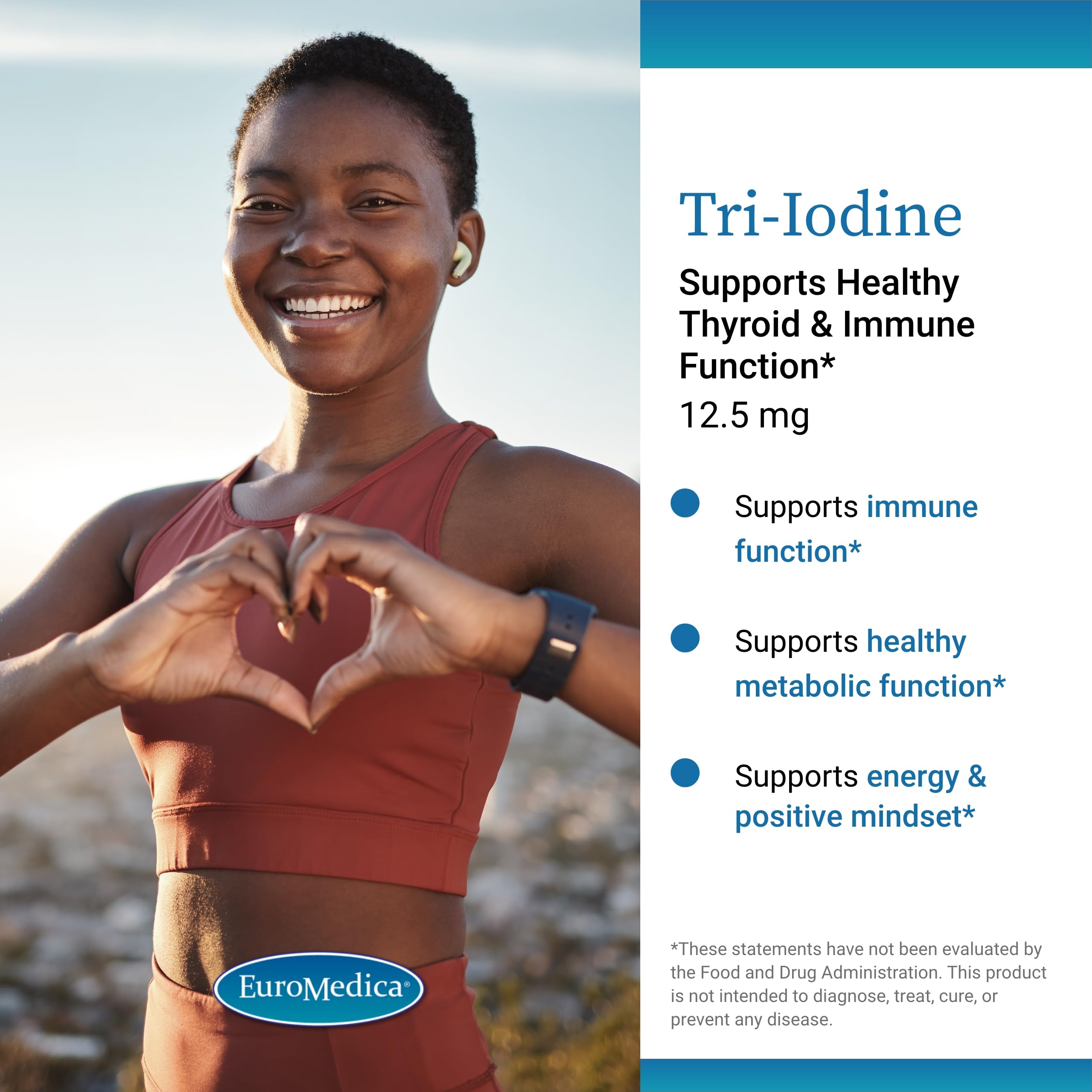EuroMedica Tri-Iodine, etiqueta frontal clara, guía para dosis diaria y uso seguro.