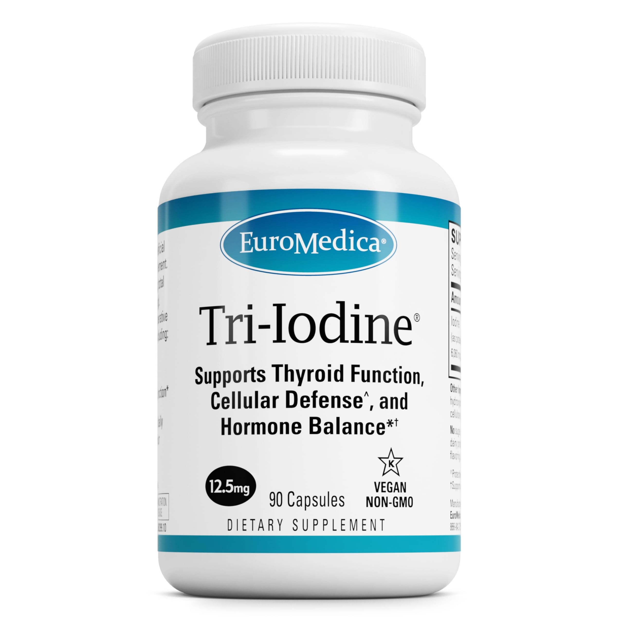 EuroMedica Tri-Iodine, frasco de cápsulas, apoyo potencial a la función tiroidea y energía diaria.