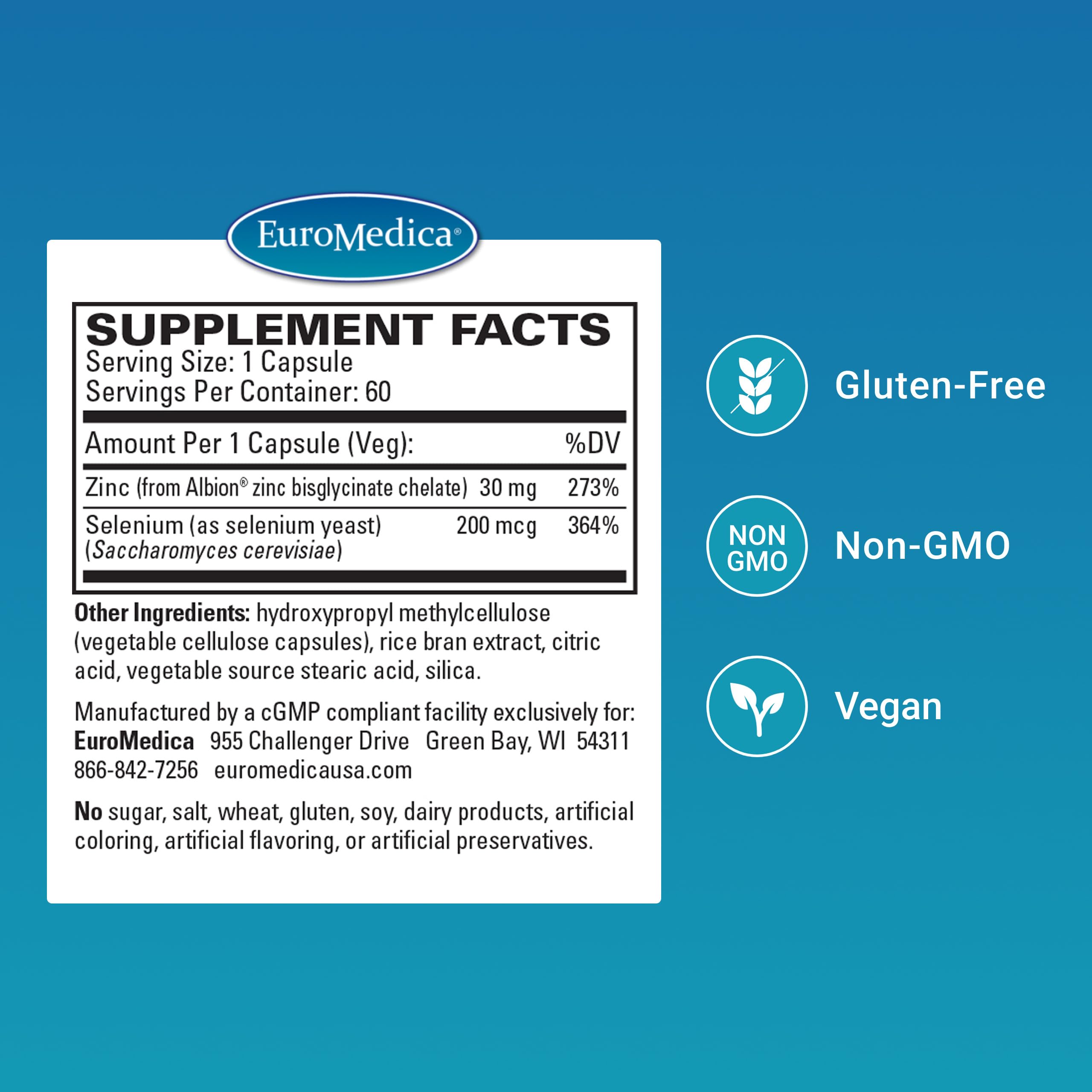 EuroMedica Zinc Plus Selenium, cápsulas para apoyo de la salud celular