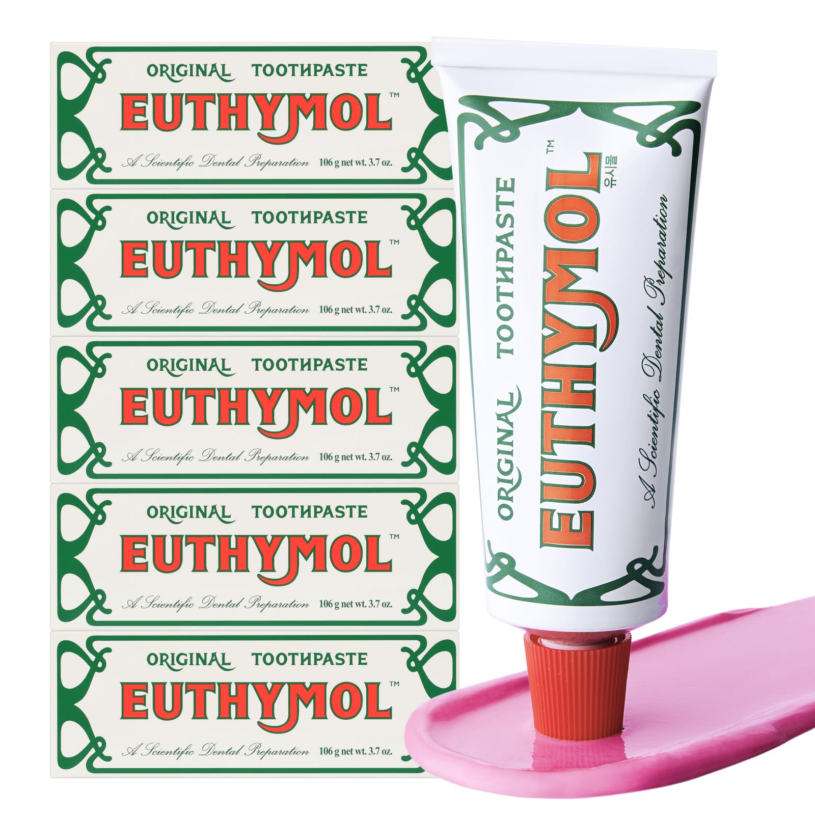 Pasta dental EUTHYMOL Original, tubo frontal para uso diario y limpieza suave.