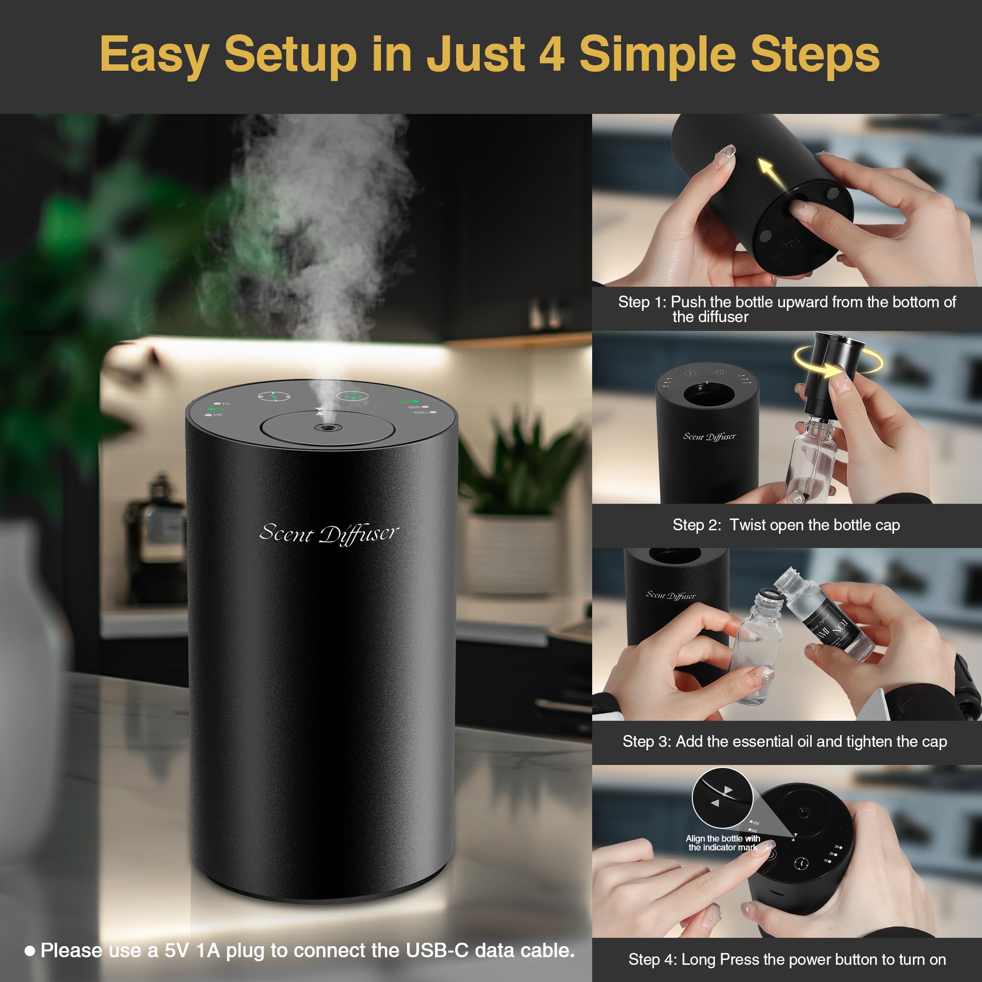 Difusor EvCZen con un toque de control para ajustar intensidad y temporizador.