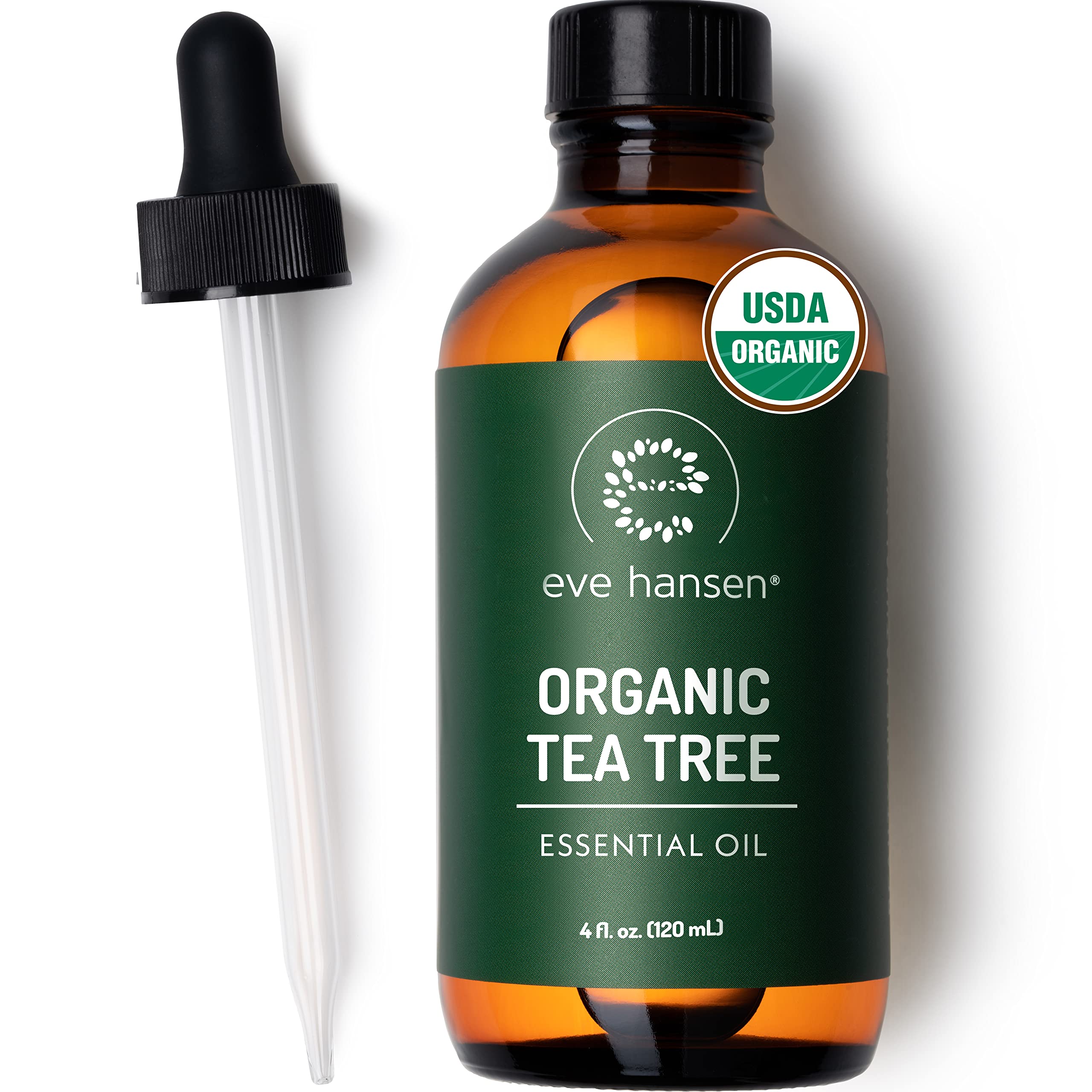 Aceite Eve Hansen de árbol de té en botella ámbar conserva pureza y aroma suave.