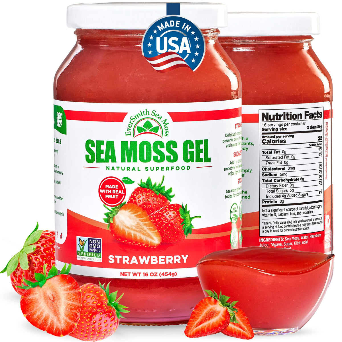 EverSmith Organics Sea Moss Gel, botella 16oz para batidos nutritivos.