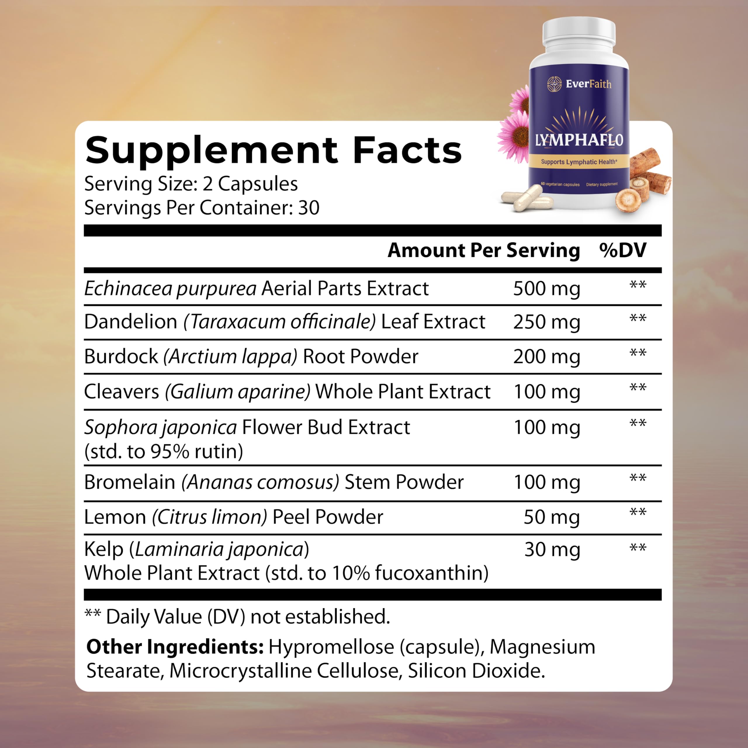 Everfaith LymphaFlo botella con etiqueta, indicaciones claras para el consumo diario