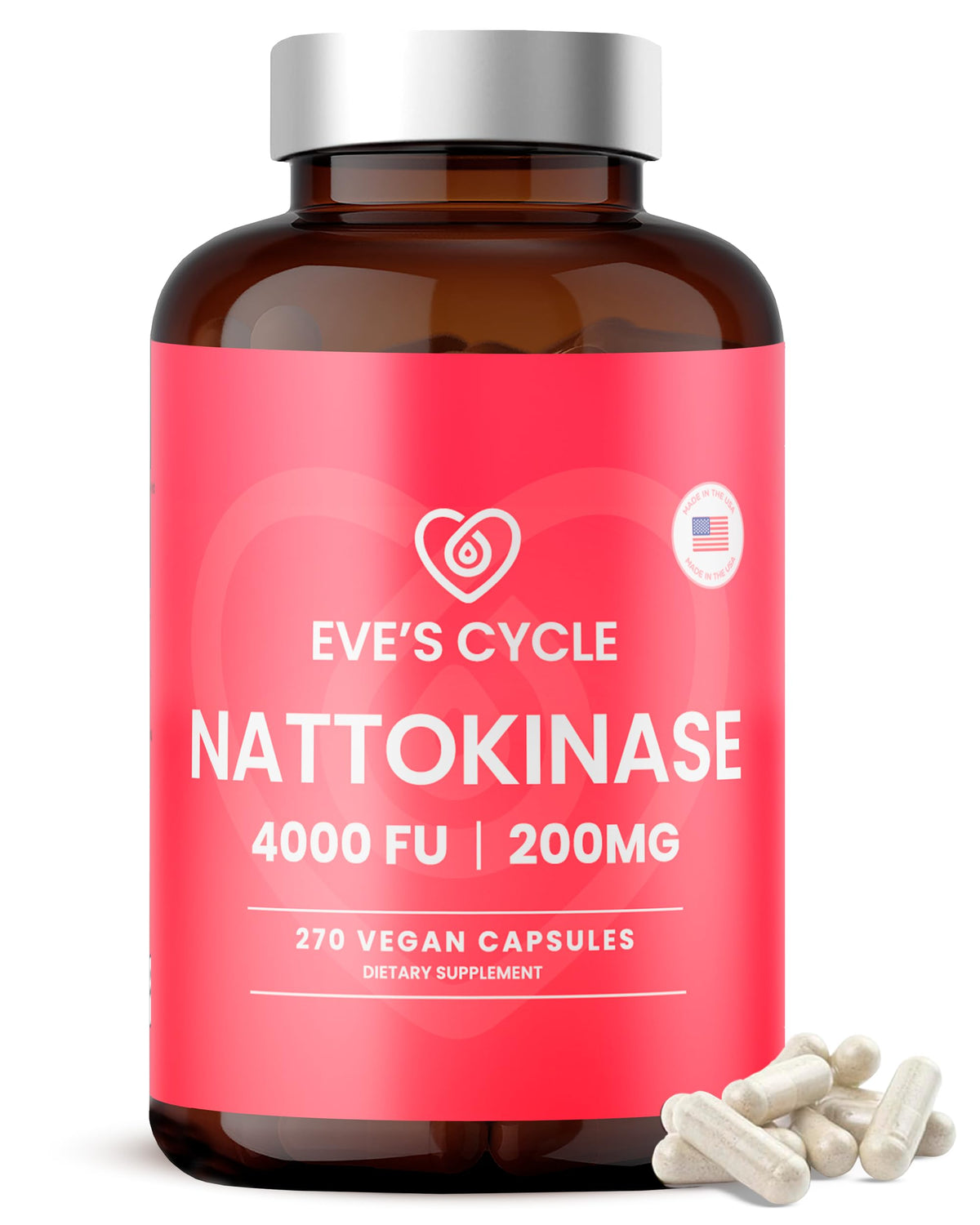 Eve's Cycle Nattokinase en botella, potencia de 4000 FU para uso diario.